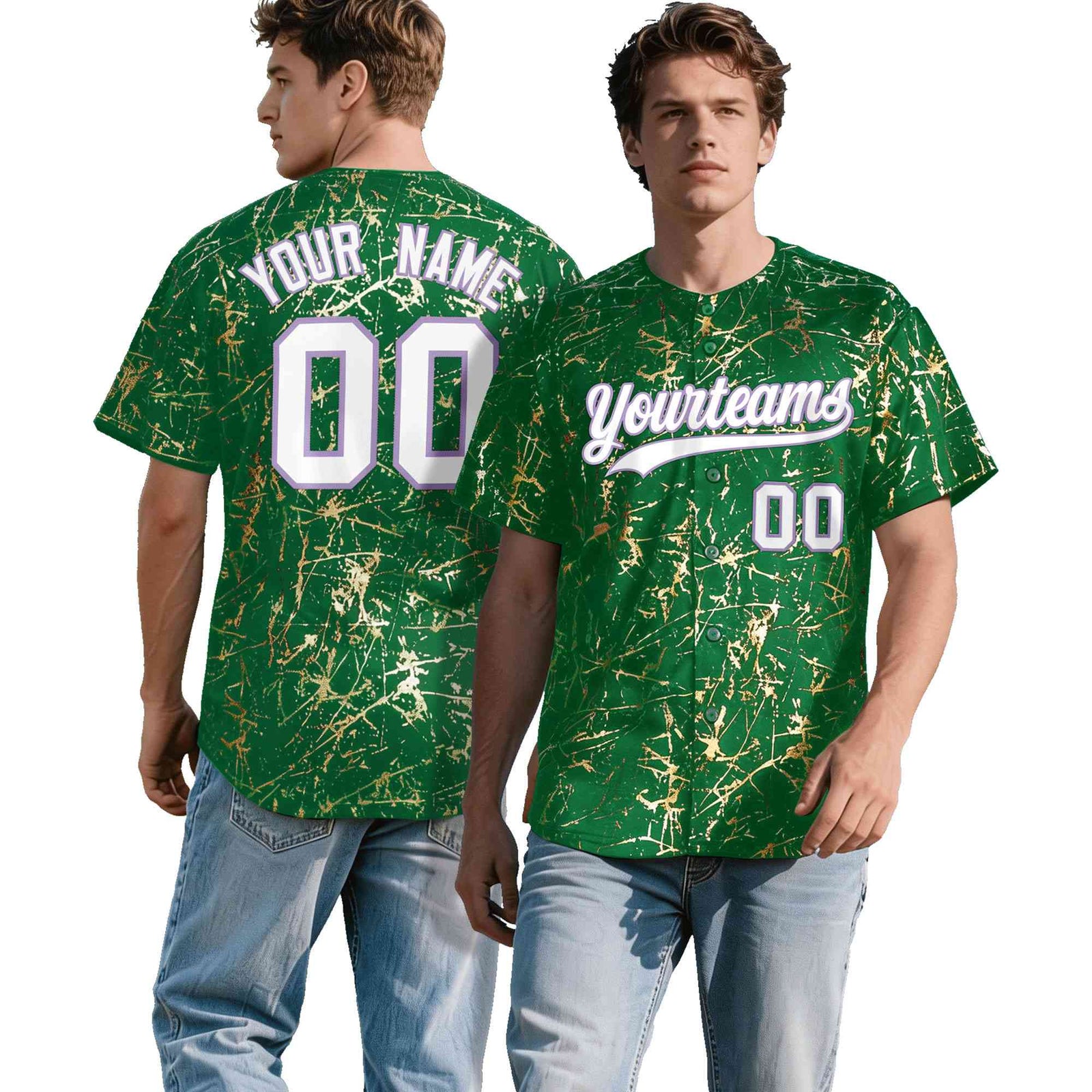 Custom Kelly Green White Black&Shiny Gold Cracked Foil Breathable Mesh Streetwear Baseball Jersey