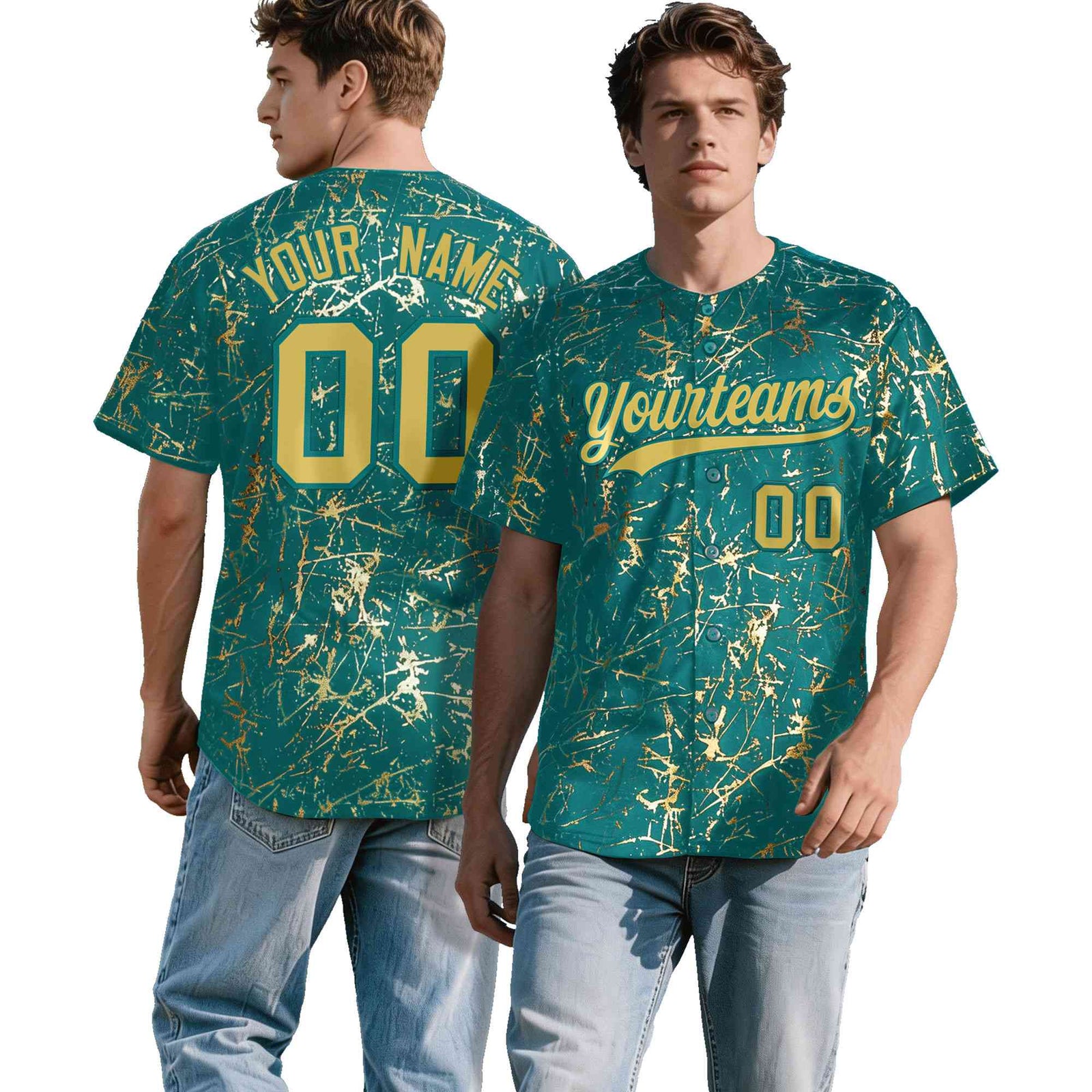 Custom Teal Old Gold Black&Shiny Gold Cracked Foil Hip Hop Button Down Baseball Jersey