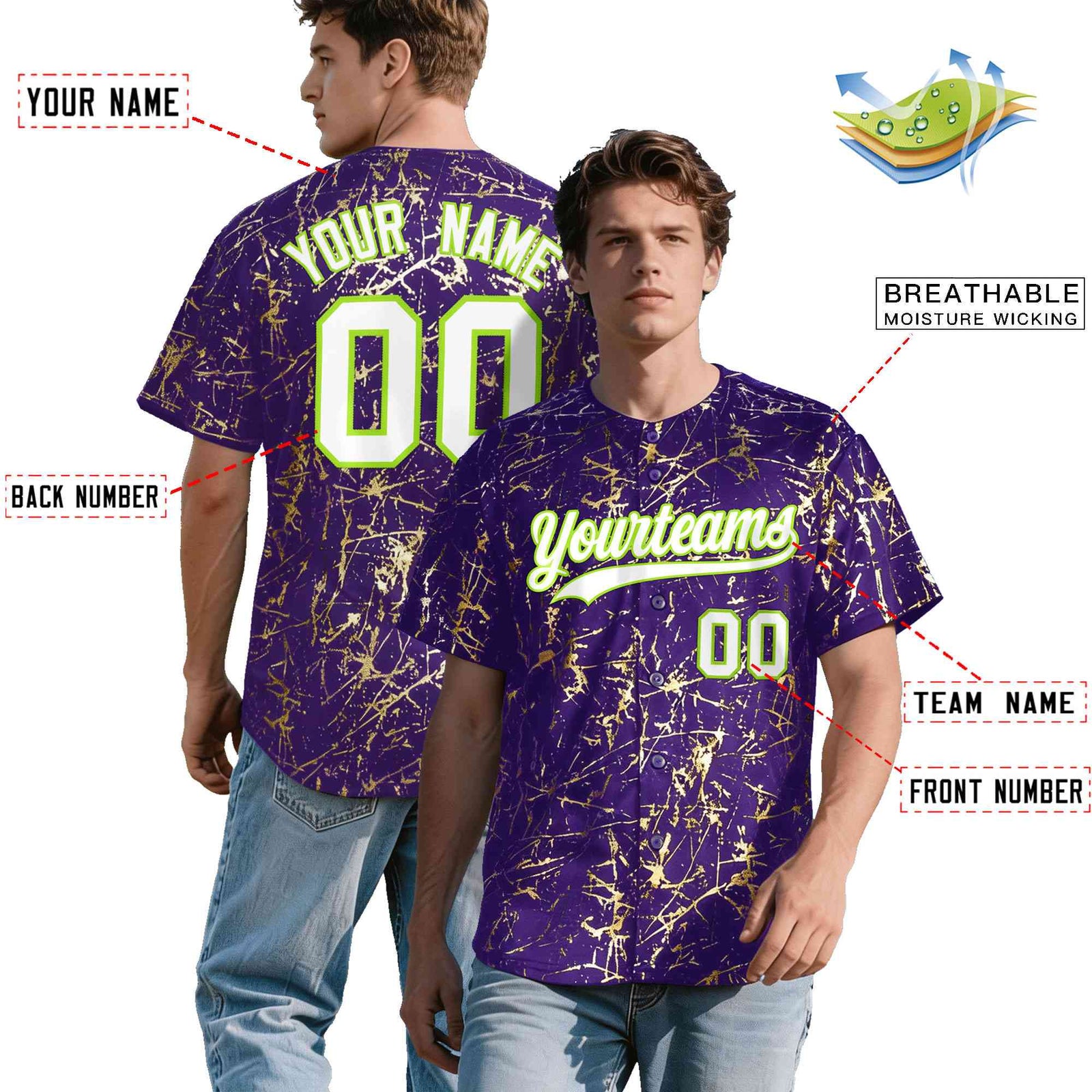 Custom Purple White Black&Shiny Gold Cracked Foil Breathable Mesh Streetwear Baseball Jersey