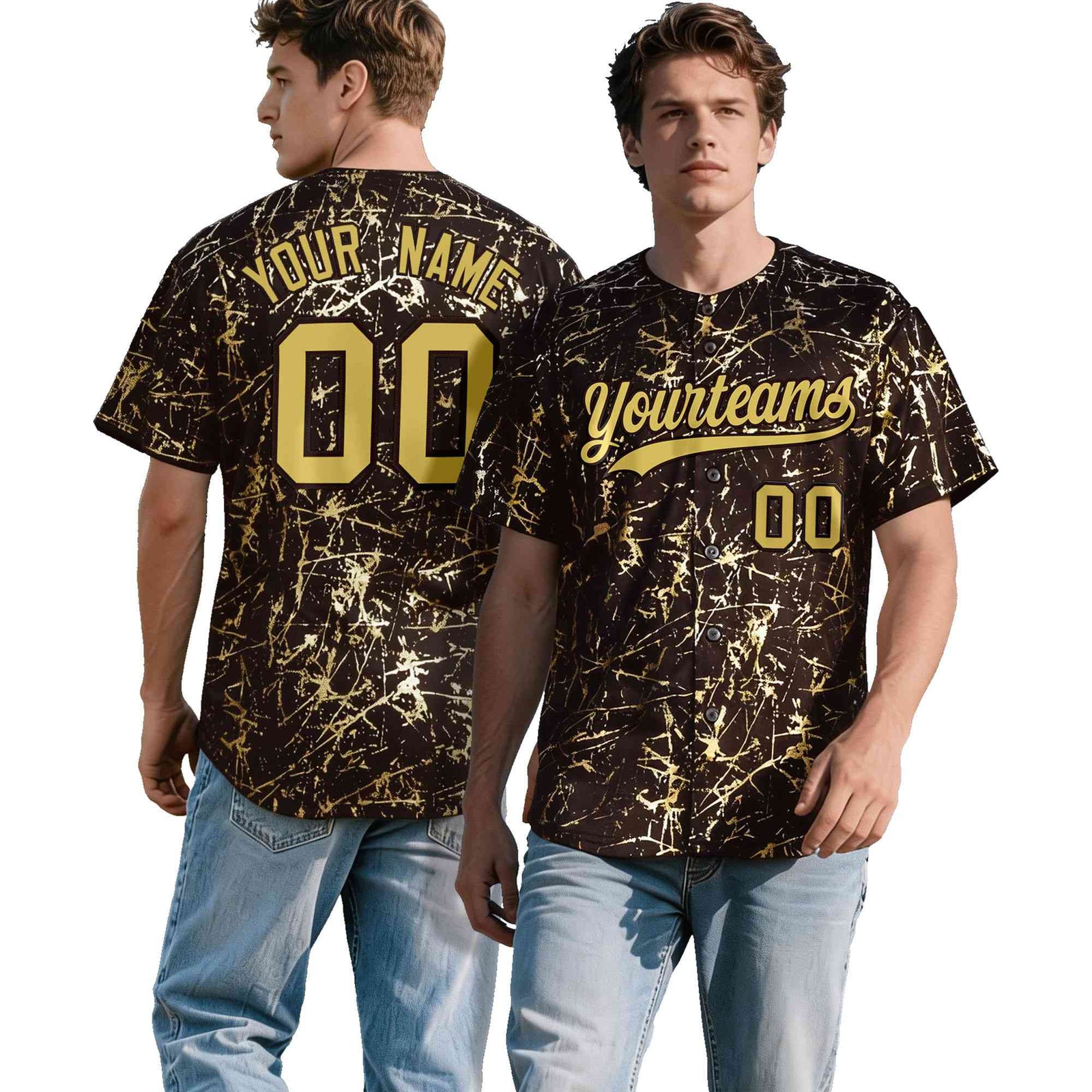 Custom Brown Old Gold Black&Shiny Gold Cracked Foil Hip Hop Button Down Baseball Jersey