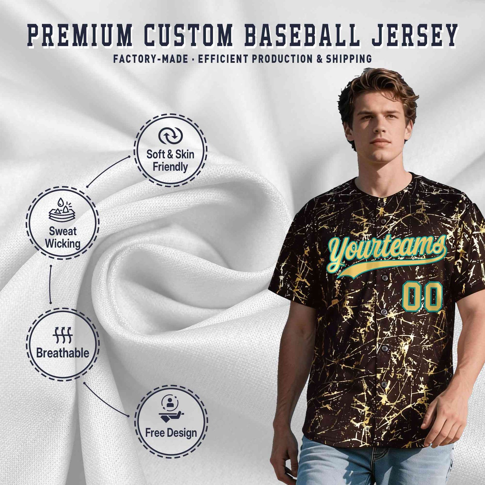 Custom Brown Khaki Black&Gold Marble Print Clubwear Party Streetwear Baseball Jersey