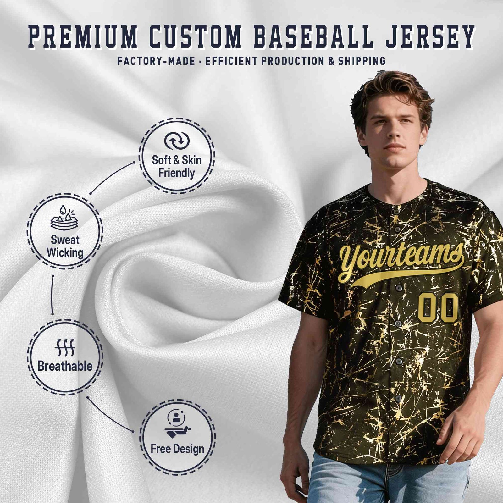 Custom Olive Old Gold Black&Shiny Gold Cracked Foil Hip Hop Button Down Baseball Jersey