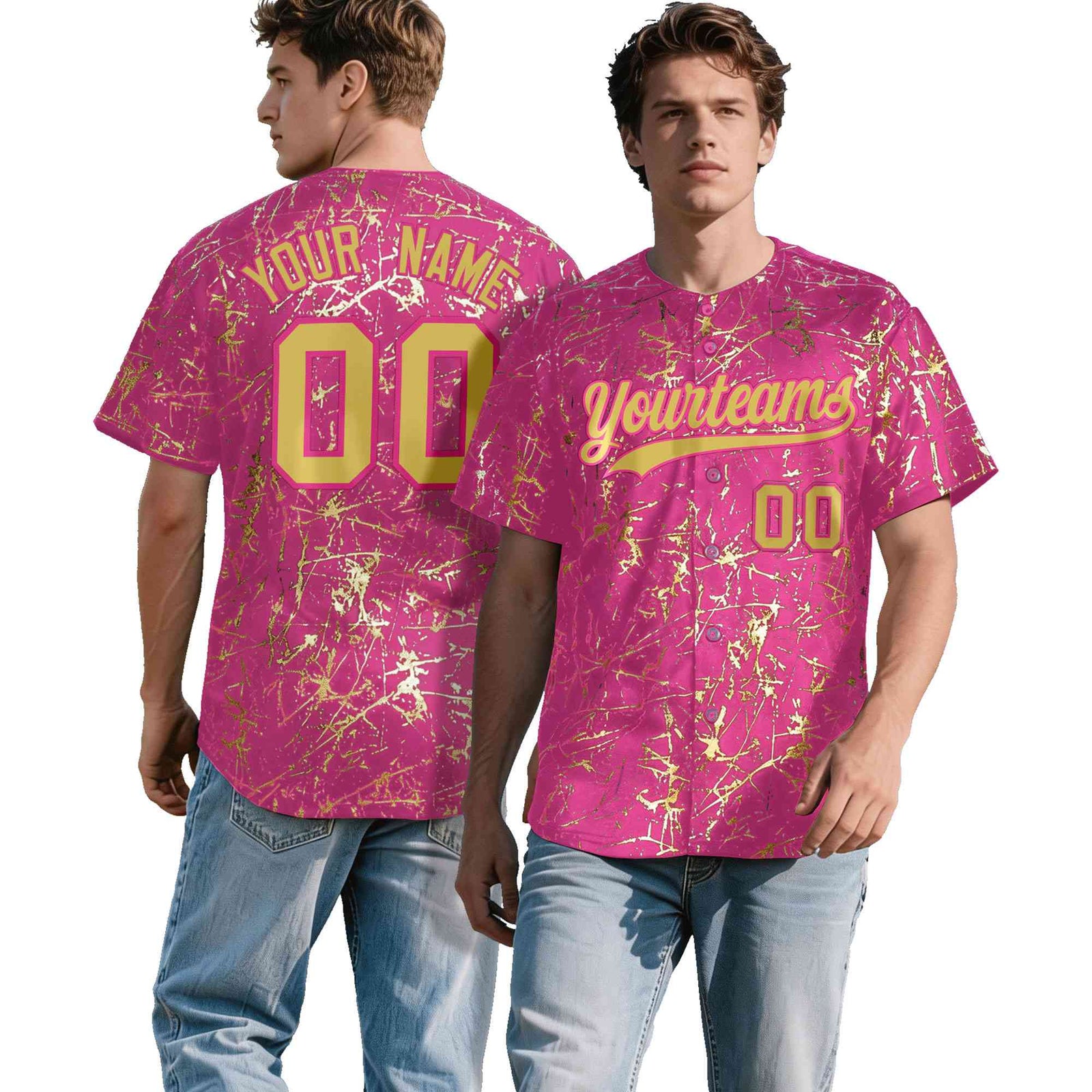 Custom Pink Old Gold Black&Shiny Gold Cracked Foil Hip Hop Button Down Baseball Jersey