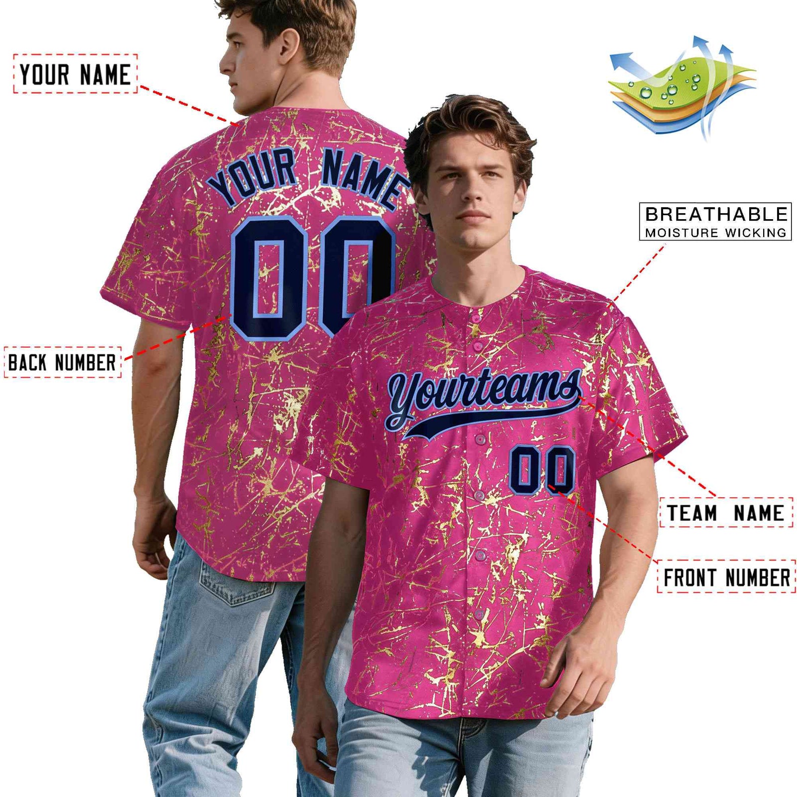 Custom Pink Navy Metallic Gold Splatter Breathable&Wrinkle-Resistant Baseball Jersey