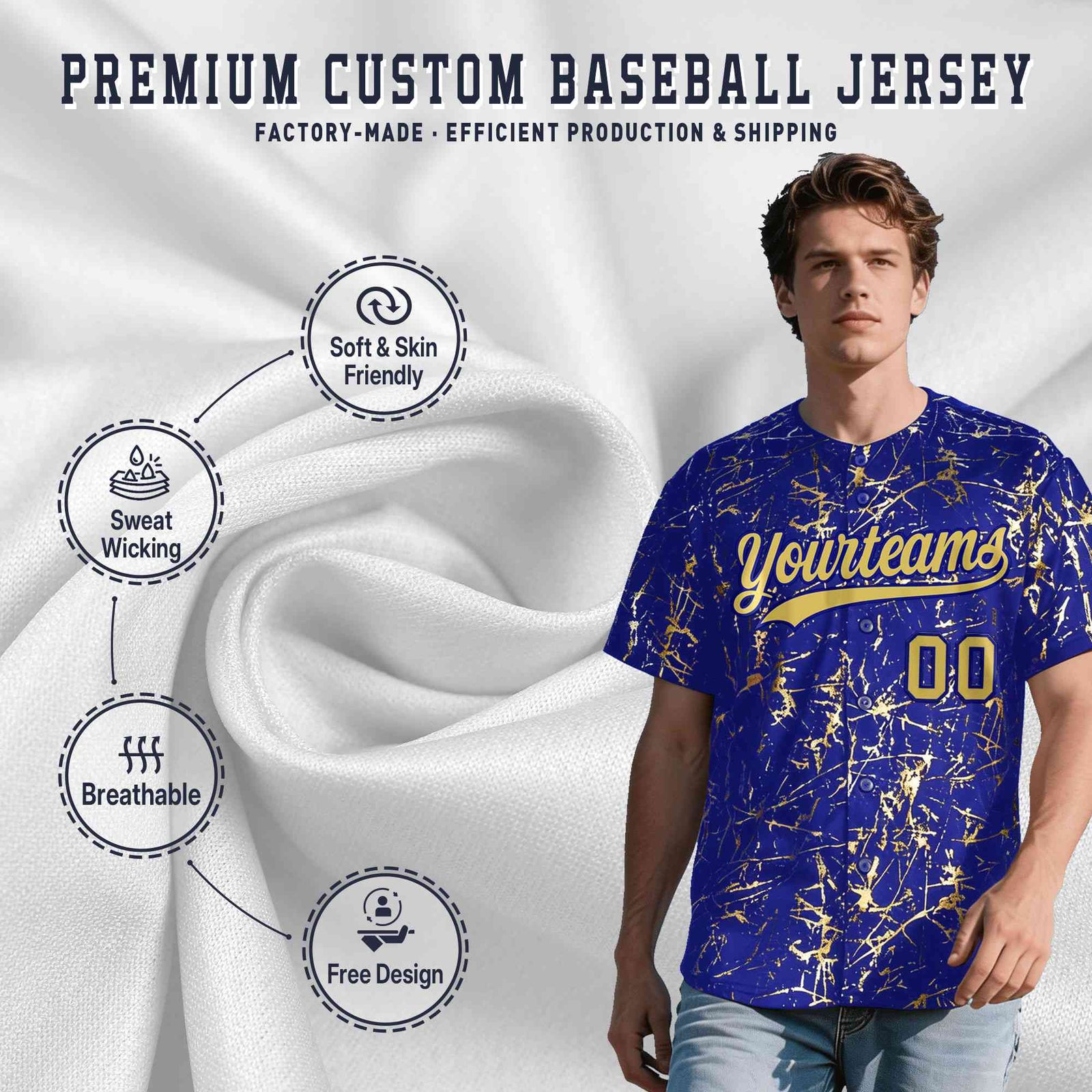 Custom Royal Old Gold Black&Shiny Gold Cracked Foil Hip Hop Button Down Baseball Jersey