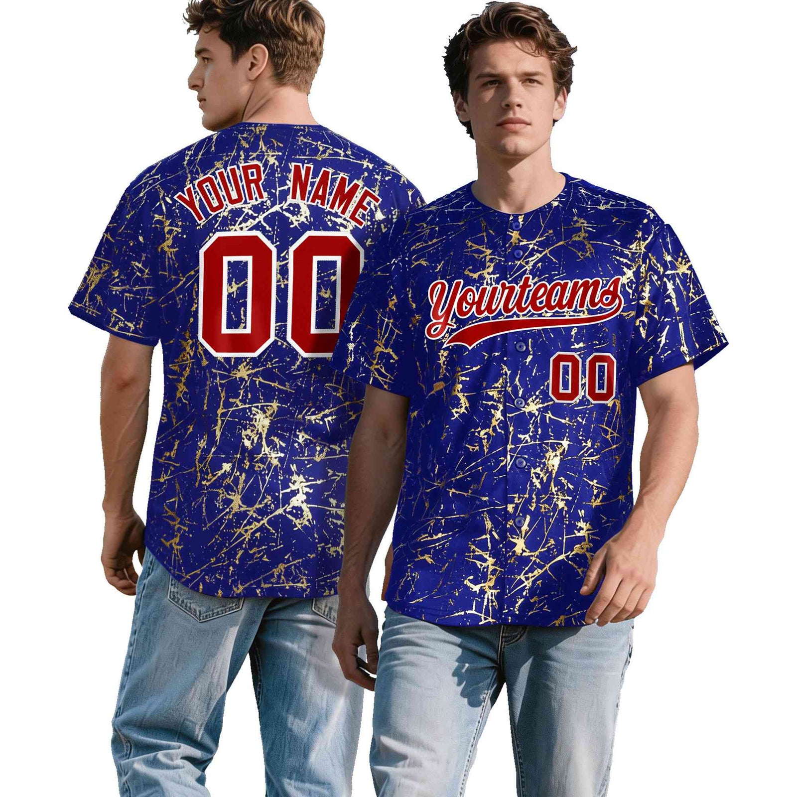 Custom Royal Red Metallic Gold Splatter Breathable&Wrinkle-Resistant Baseball Jersey