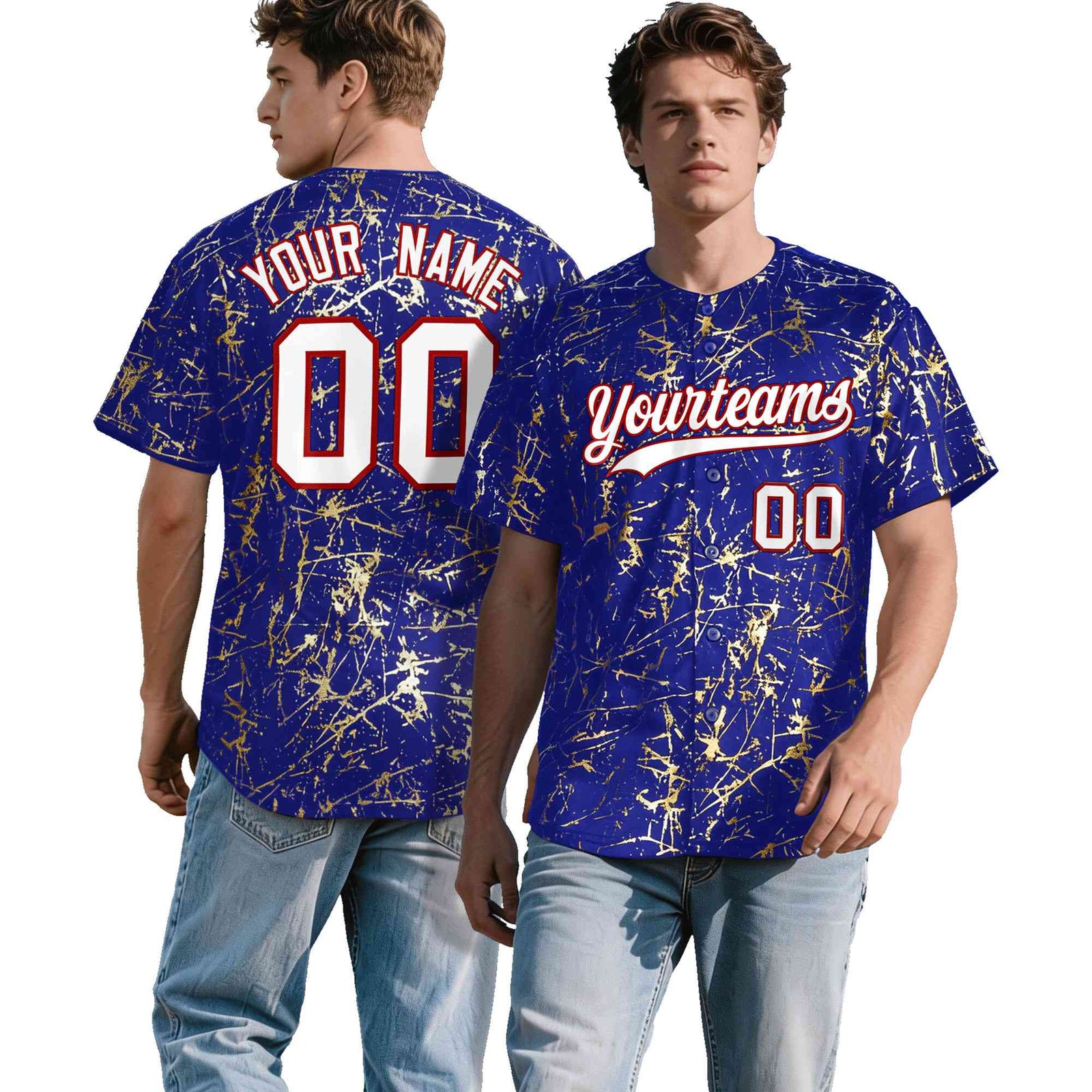 Custom Royal White Black&Gold Marble Print Clubwear Party Streetwear Baseball Jersey