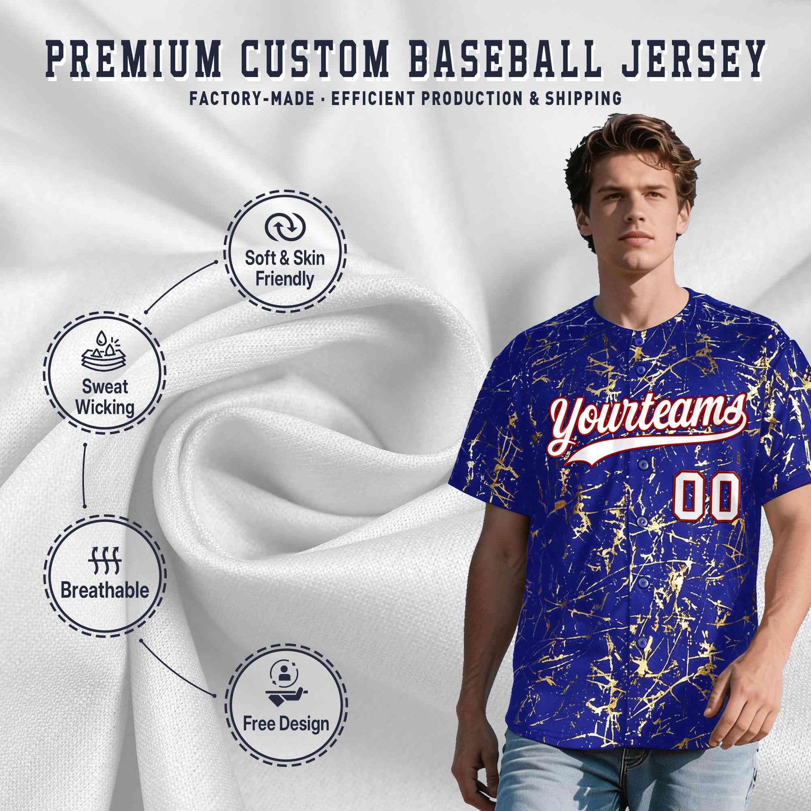 Custom Royal White Black&Gold Marble Print Clubwear Party Streetwear Baseball Jersey