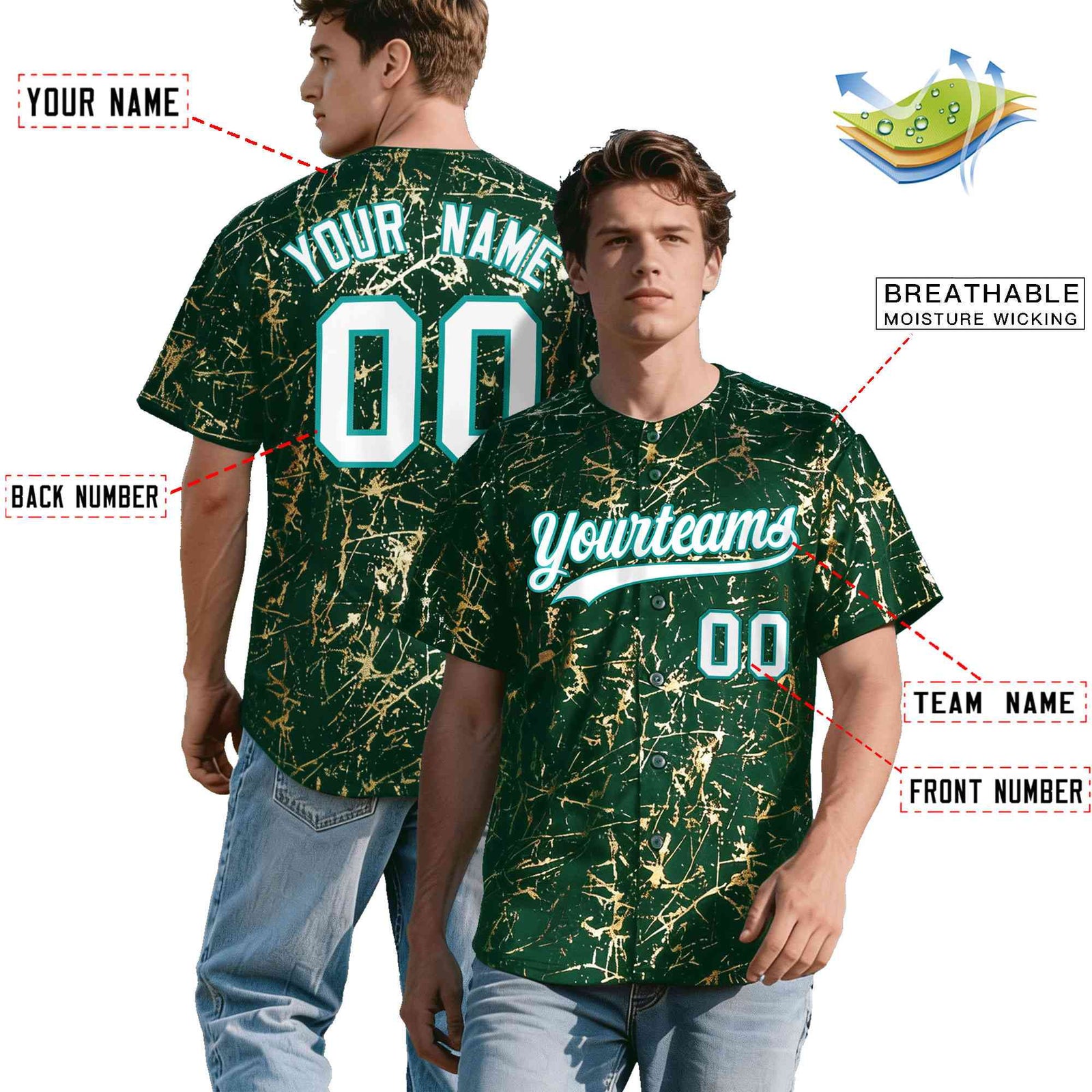 Custom Green White Black&Shiny Gold Cracked Foil Breathable Mesh Streetwear Baseball Jersey
