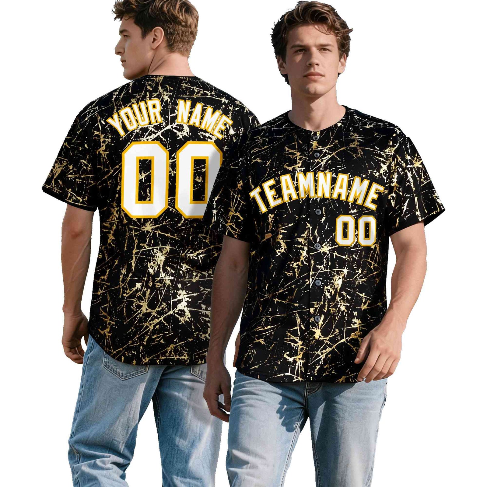 Custom Black White Black&Shiny Gold Cracked Foil Hip Hop Button Down Baseball Jersey