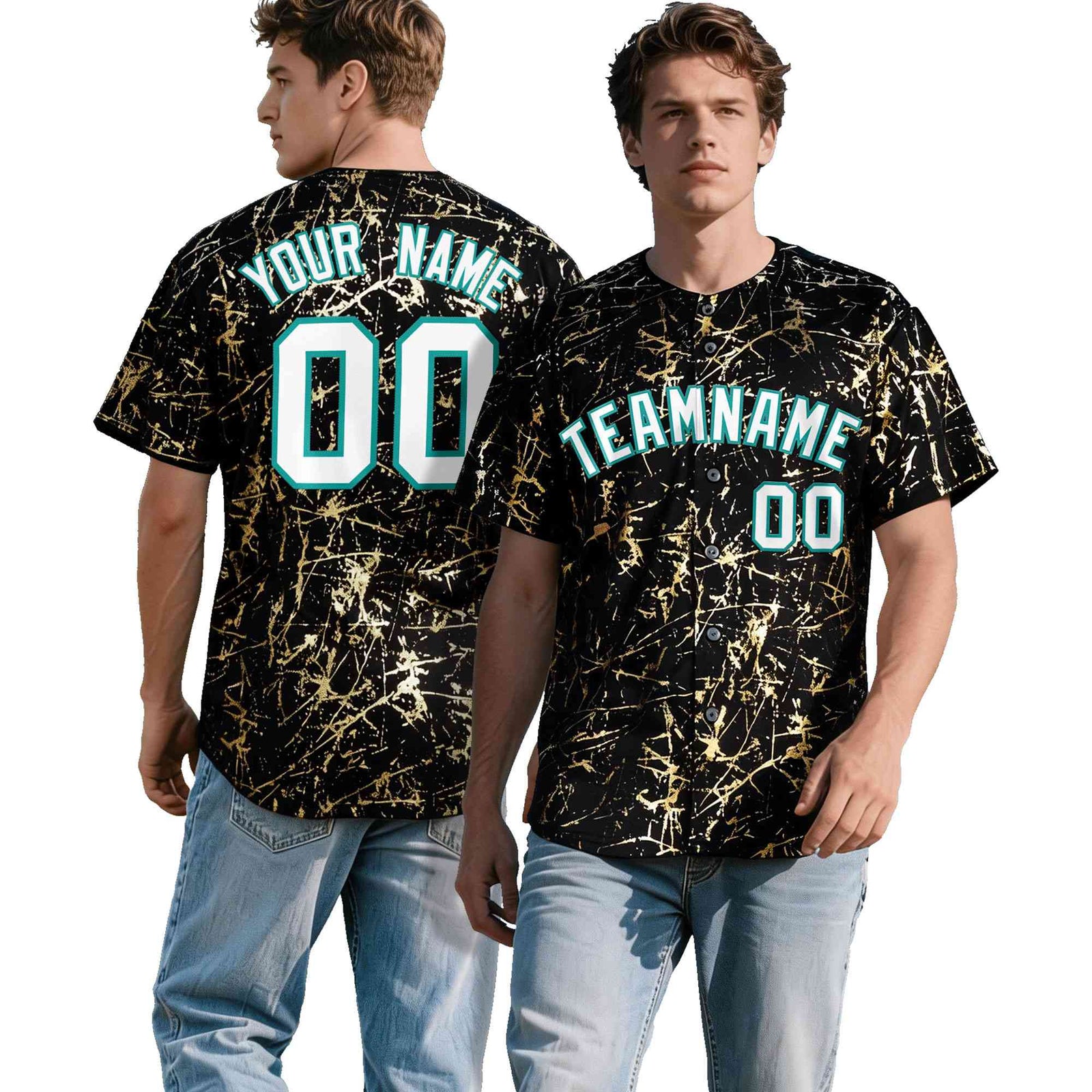 Custom Black White Black&Shiny Gold Cracked Foil Breathable Mesh Streetwear Baseball Jersey