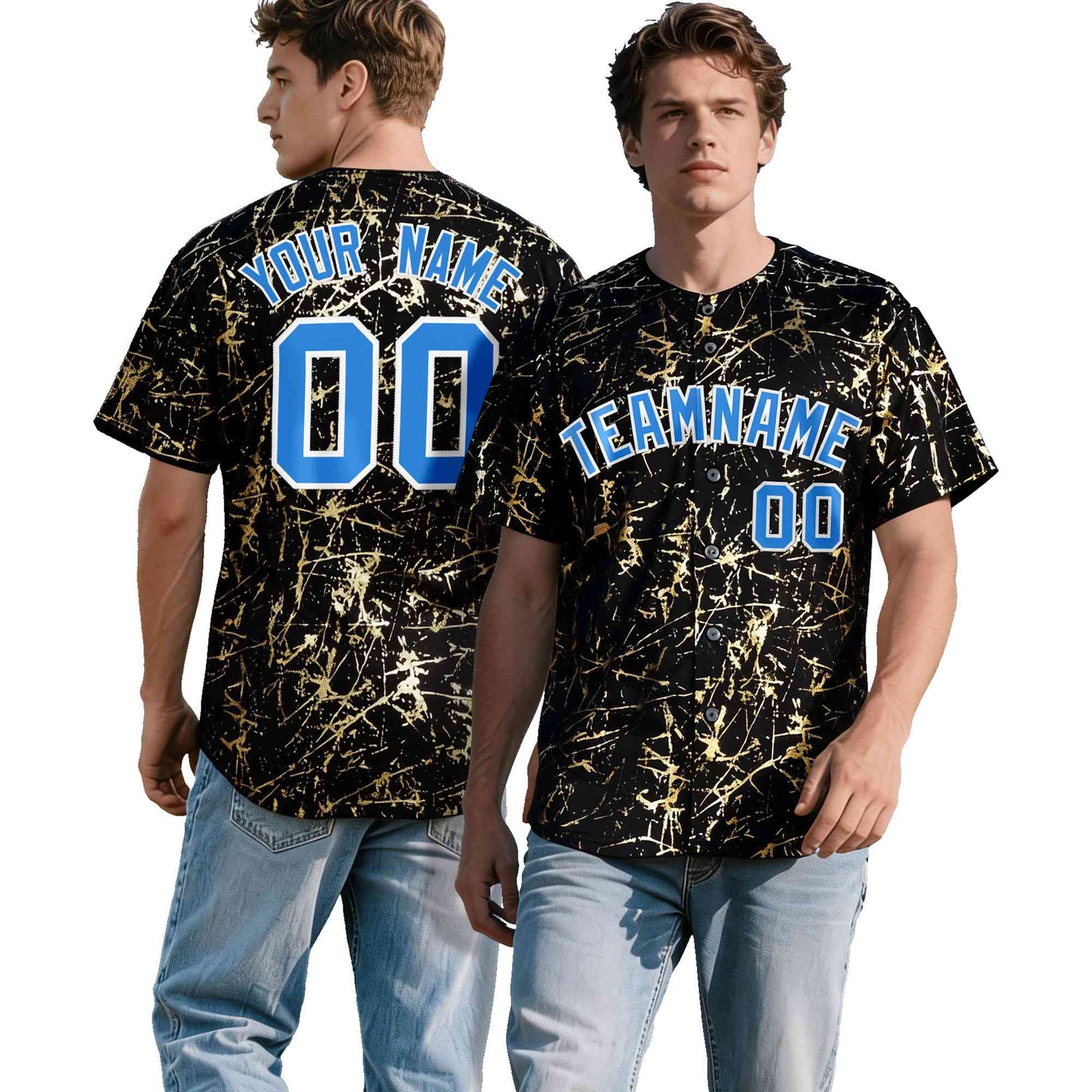 Custom Black Light Blue Shiny Gold Cracked Texture Baseball Jersey