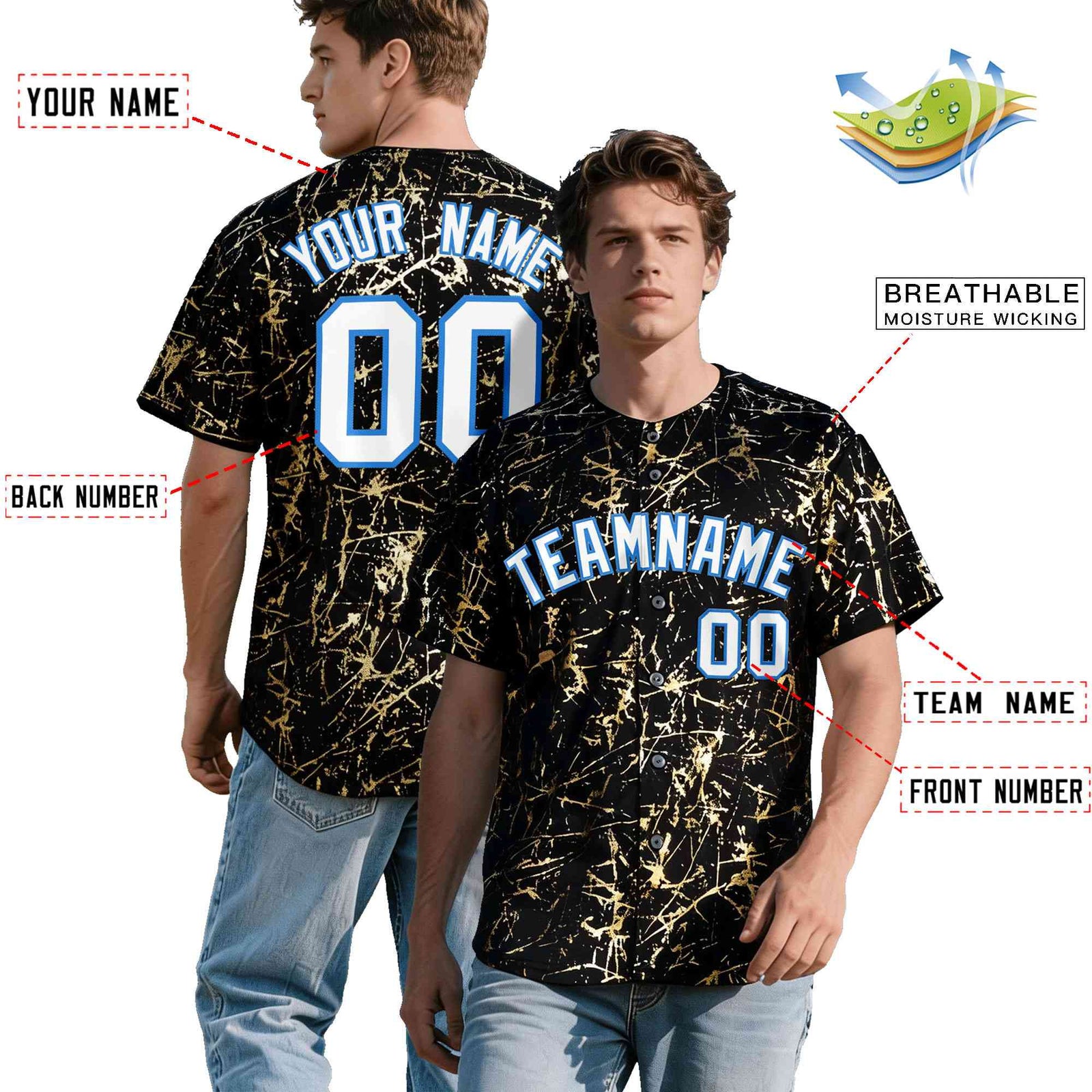 Custom Black White Black&Shiny Gold Cracked Foil Hip Hop Button Down Baseball Jersey