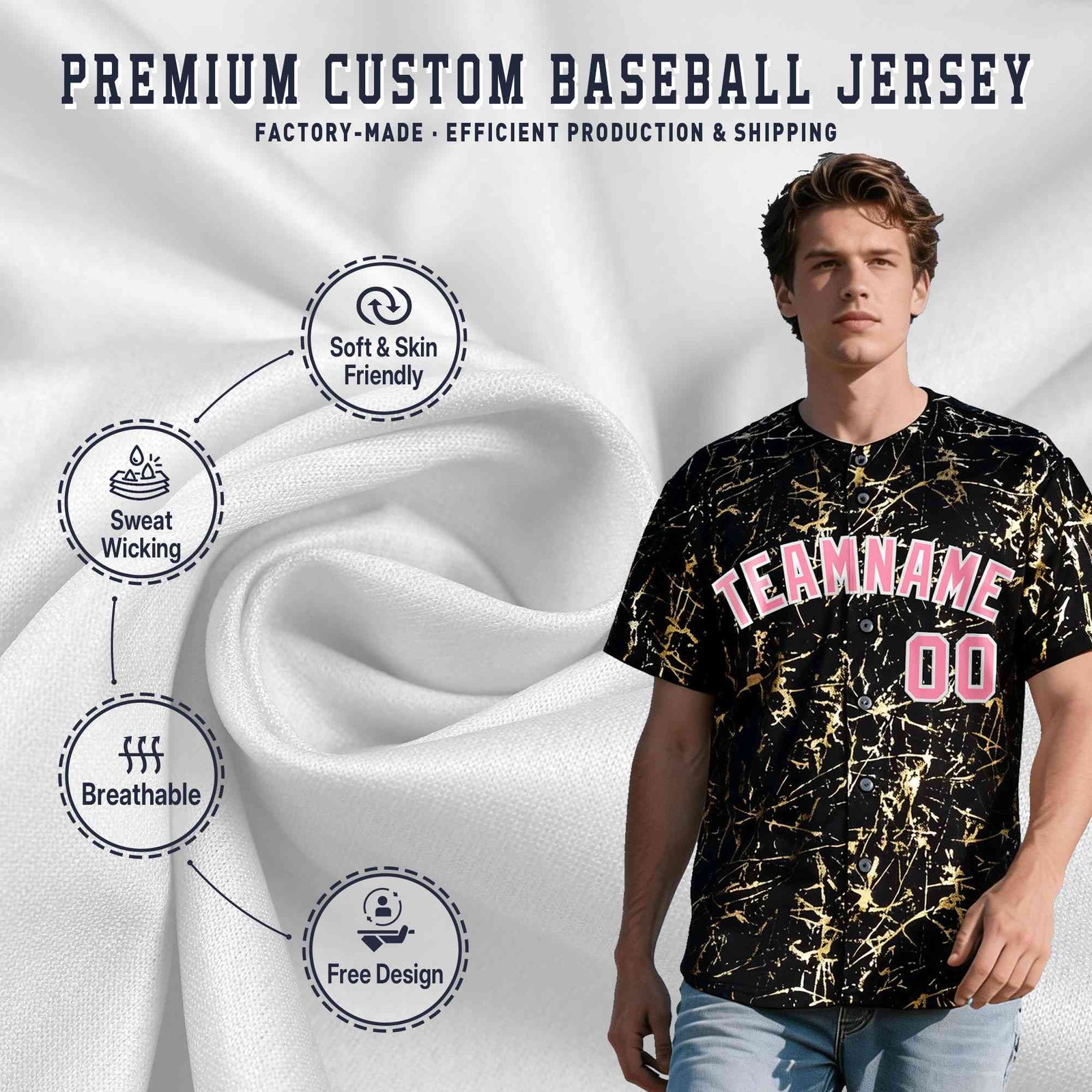 Custom Black Light Pink Metallic Gold Splatter Urban Streetwear Baseball Jersey