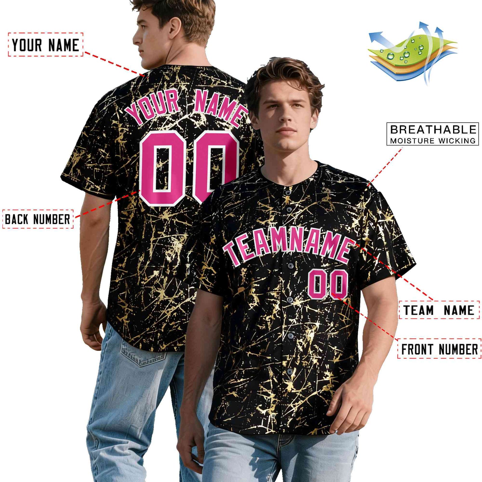 Custom Black Rose Red Shiny Gold Cracked Texture Baseball Jersey