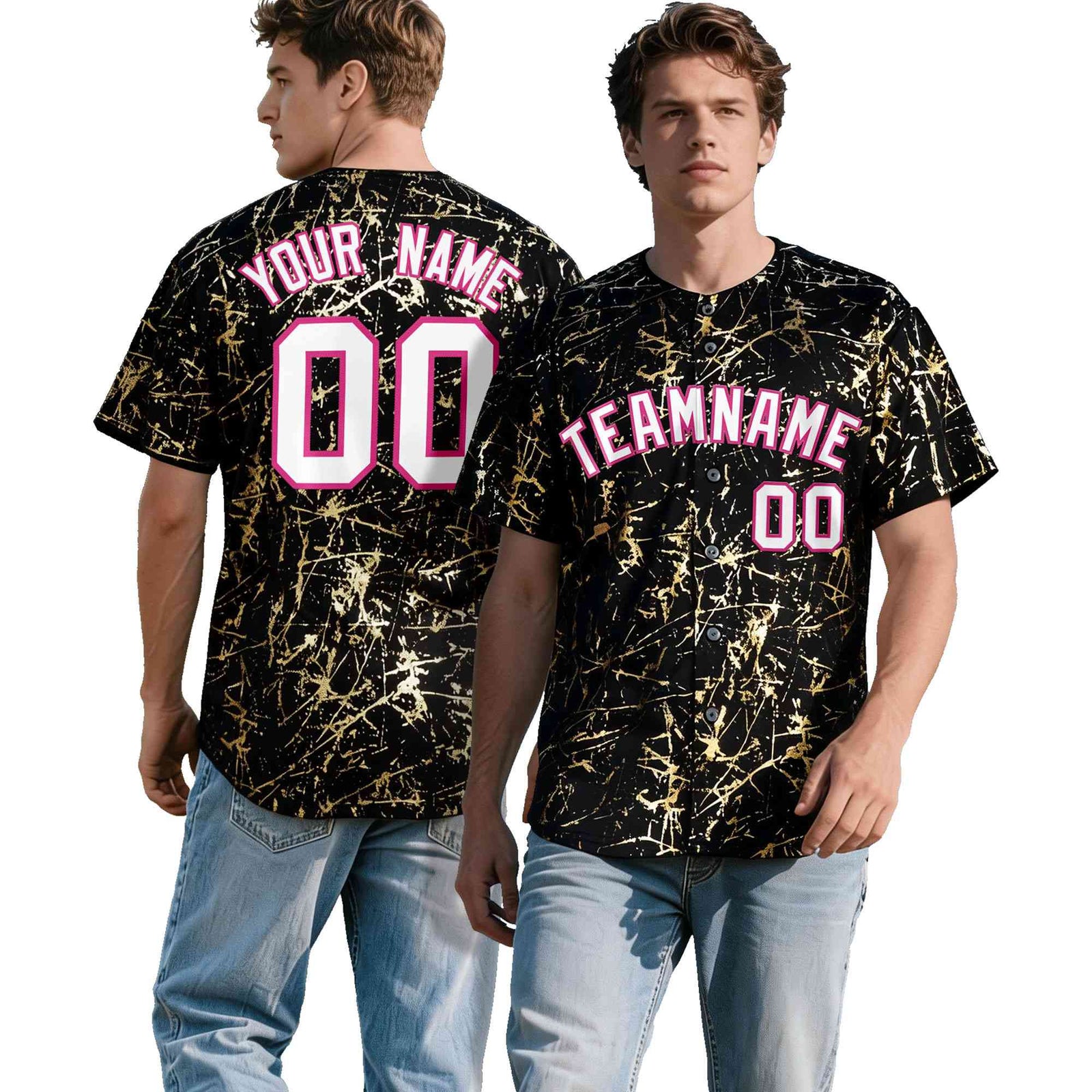 Custom Black White Black&Shiny Gold Cracked Foil Hip Hop Button Down Baseball Jersey