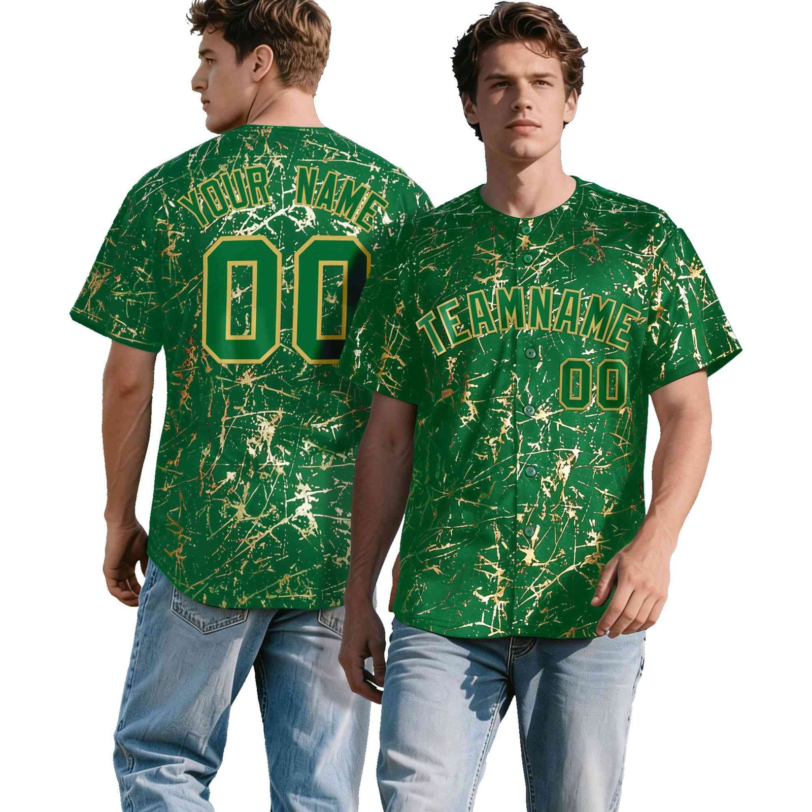 Custom Kelly Green Old Gold Shiny Gold Cracked Texture Baseball Jersey