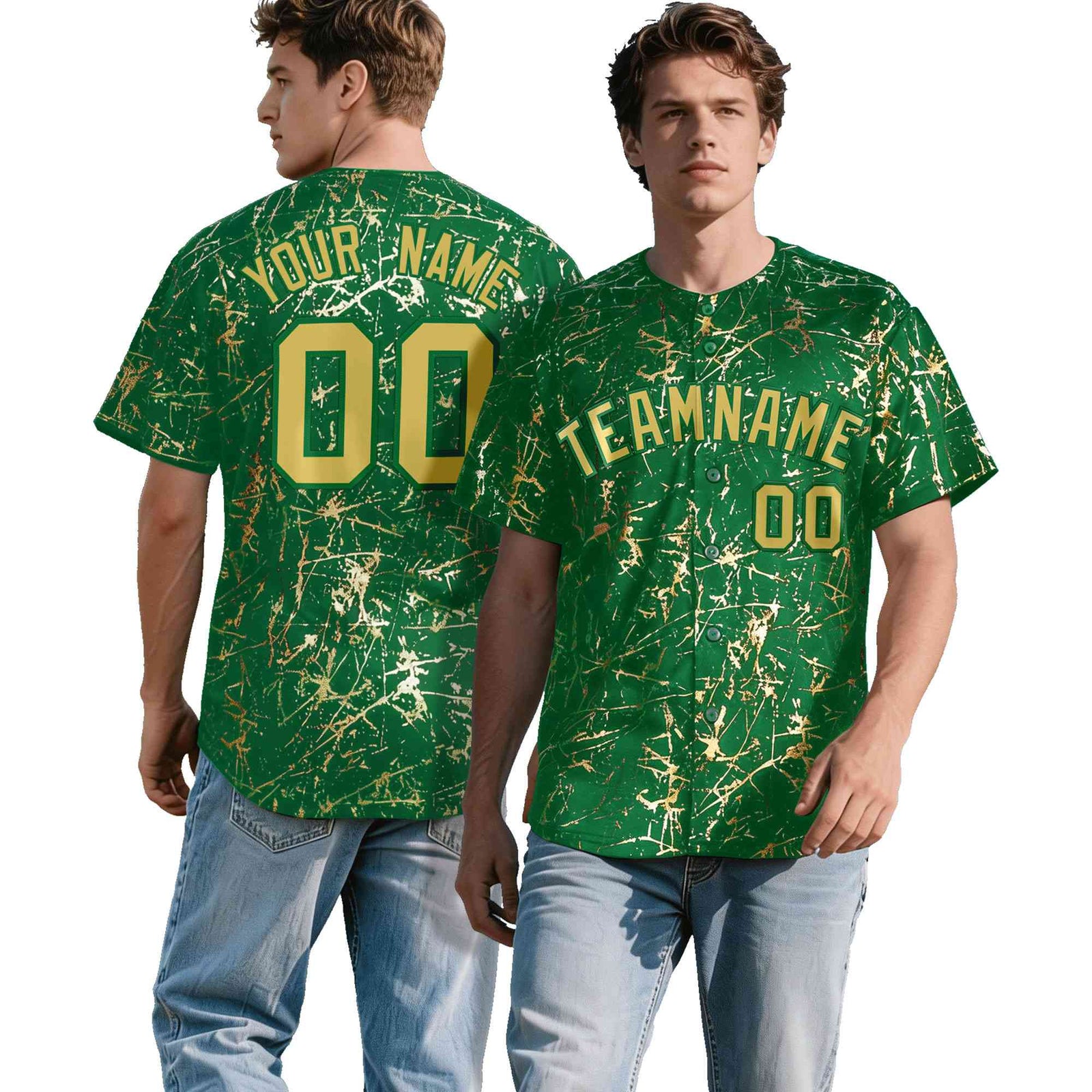 Custom Kelly Green Old Gold Black&Shiny Gold Cracked Foil Hip Hop Button Down Baseball Jersey
