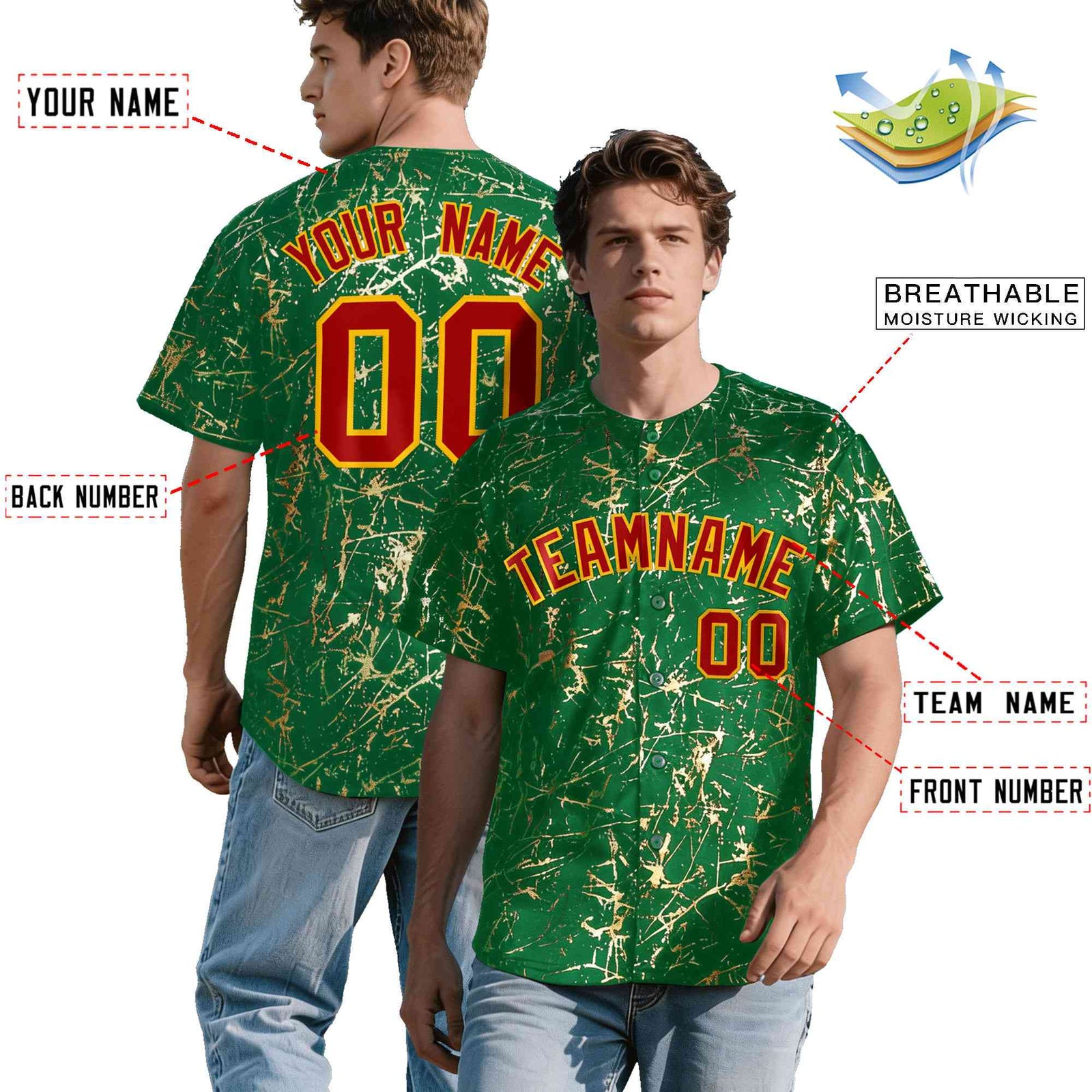Custom Kelly Green Red Metallic Gold Splatter Breathable&Wrinkle-Resistant Baseball Jersey