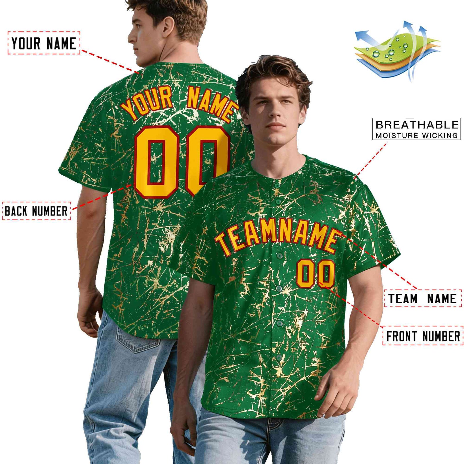 Custom Kelly Green Yellow Black&Gold Marble Print Clubwear Party Streetwear Baseball Jersey