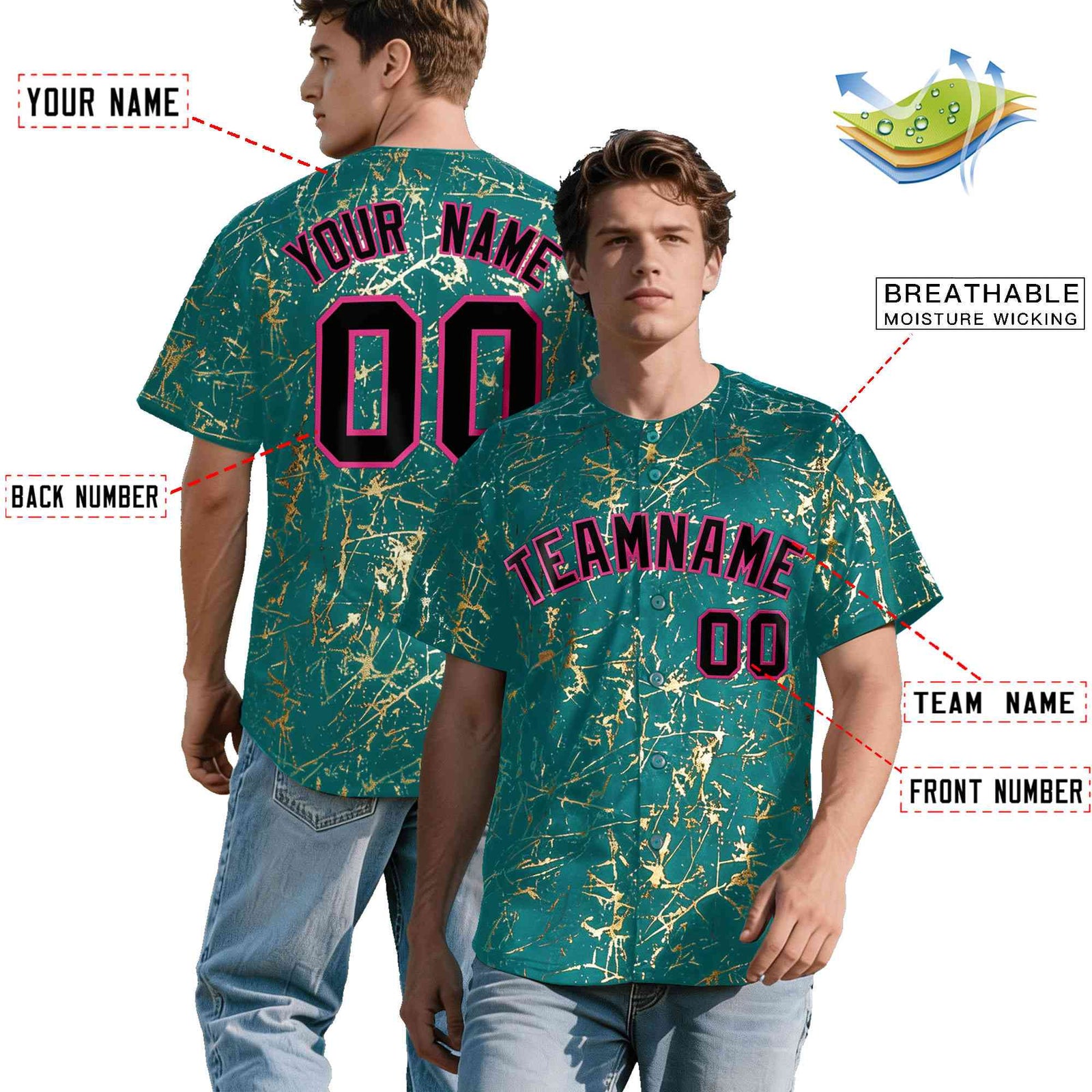 Custom Teal Black Metallic Gold Splatter Breathable&Wrinkle-Resistant Baseball Jersey