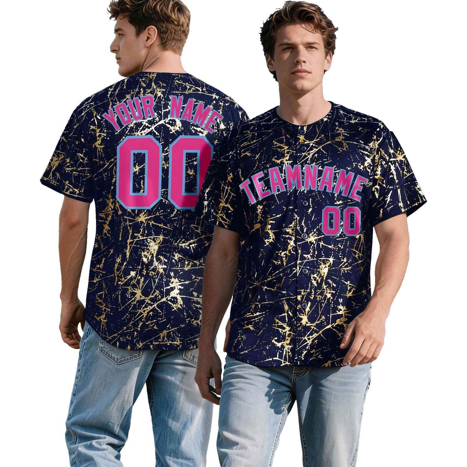 Custom Navy Rose Red Metallic Gold Splatter Breathable&Wrinkle-Resistant Baseball Jersey