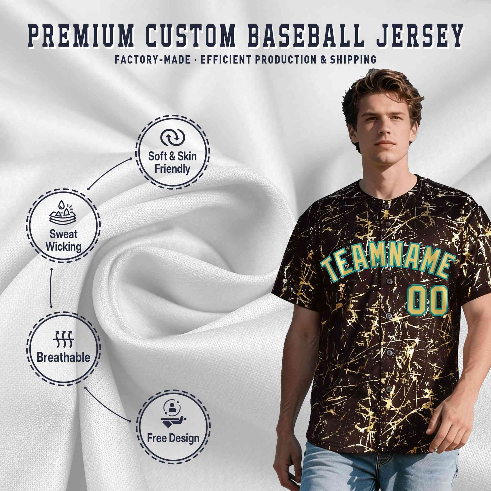 Custom Brown Khaki Black&Gold Marble Print Clubwear Party Streetwear Baseball Jersey