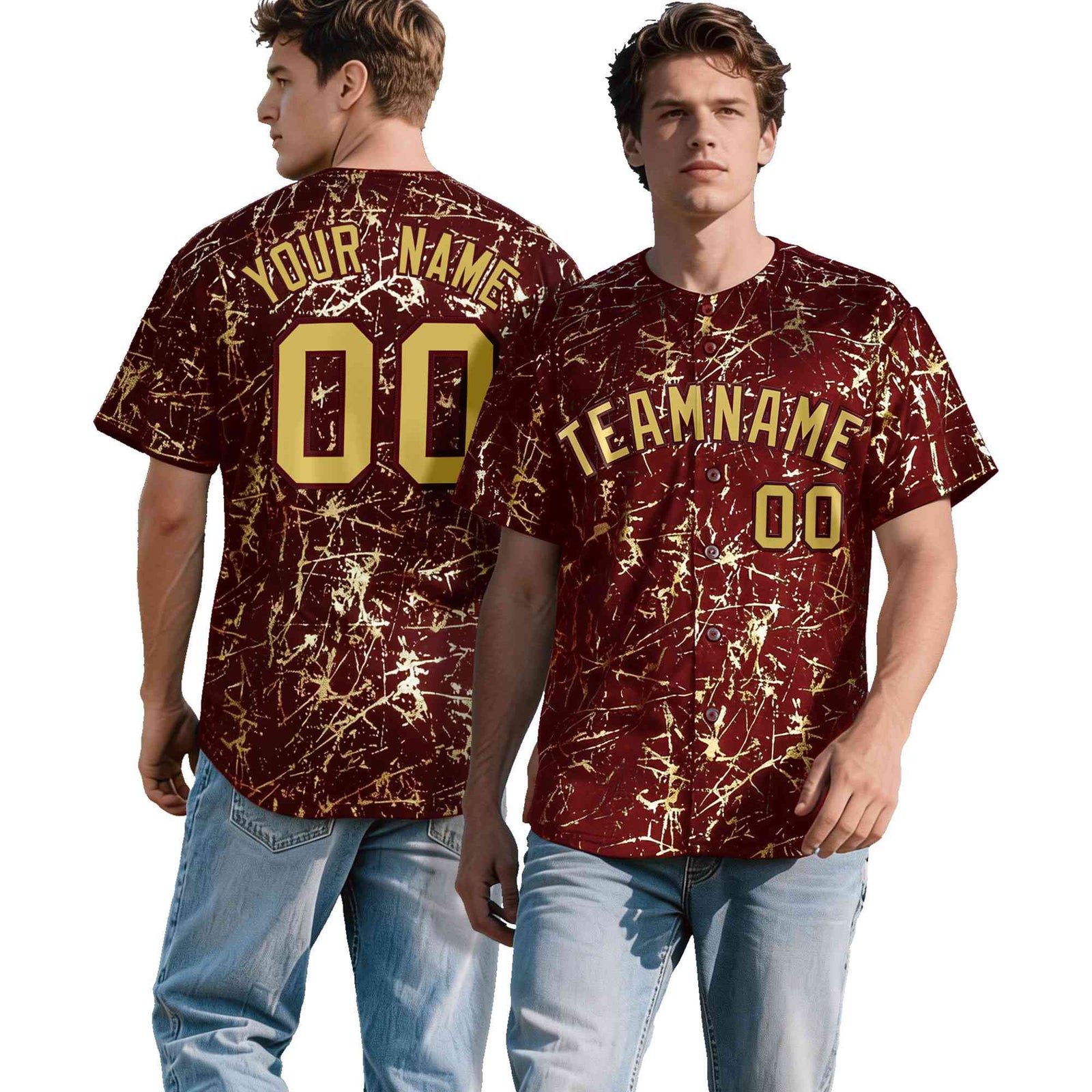 Custom Crimson Old Gold Black&Shiny Gold Cracked Foil Hip Hop Button Down Baseball Jersey