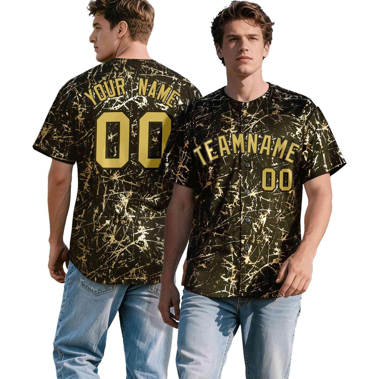 Custom Olive Old Gold Black&Shiny Gold Cracked Foil Hip Hop Button Down Baseball Jersey
