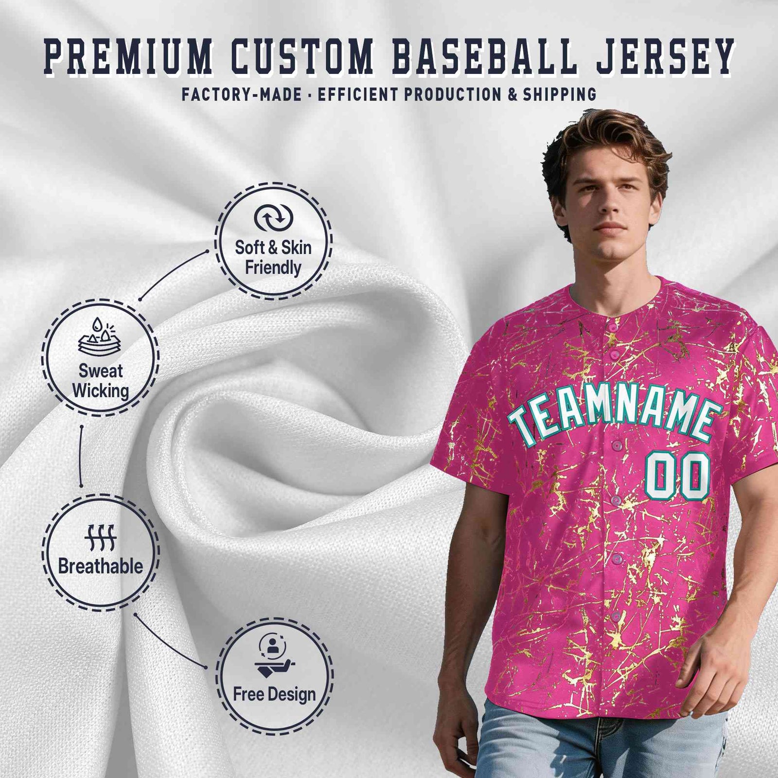 Custom Pink White Black&Shiny Gold Cracked Foil Breathable Mesh Streetwear Baseball Jersey