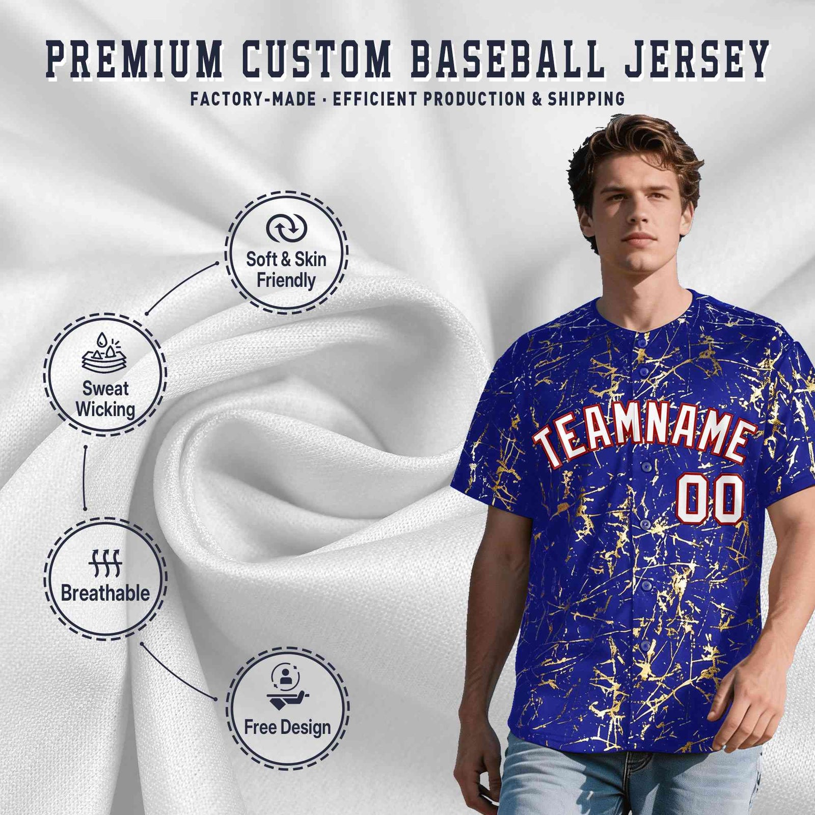 Custom Royal White Black&Gold Marble Print Clubwear Party Streetwear Baseball Jersey