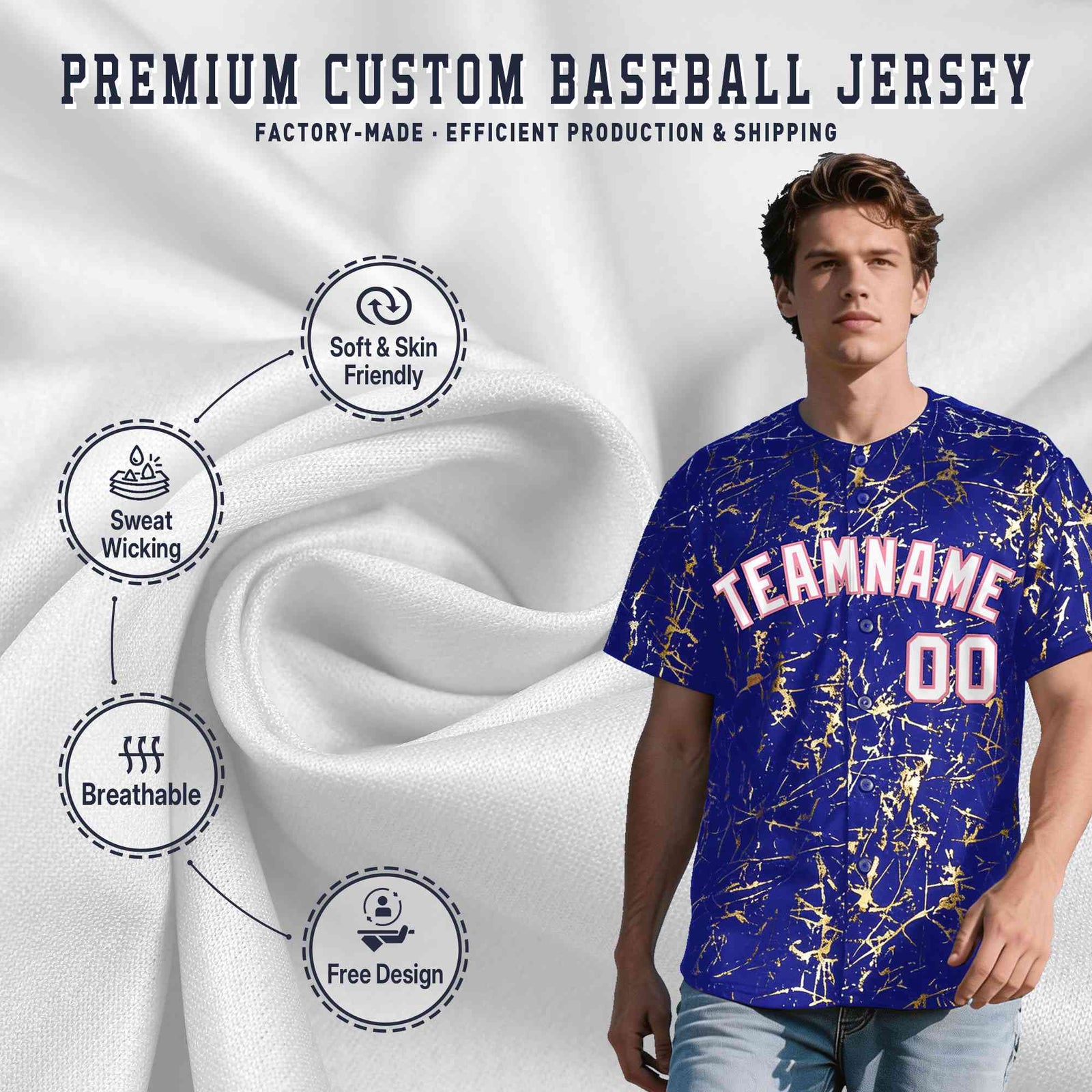 Custom Royal White Black&Shiny Gold Cracked Foil Breathable Mesh Streetwear Baseball Jersey