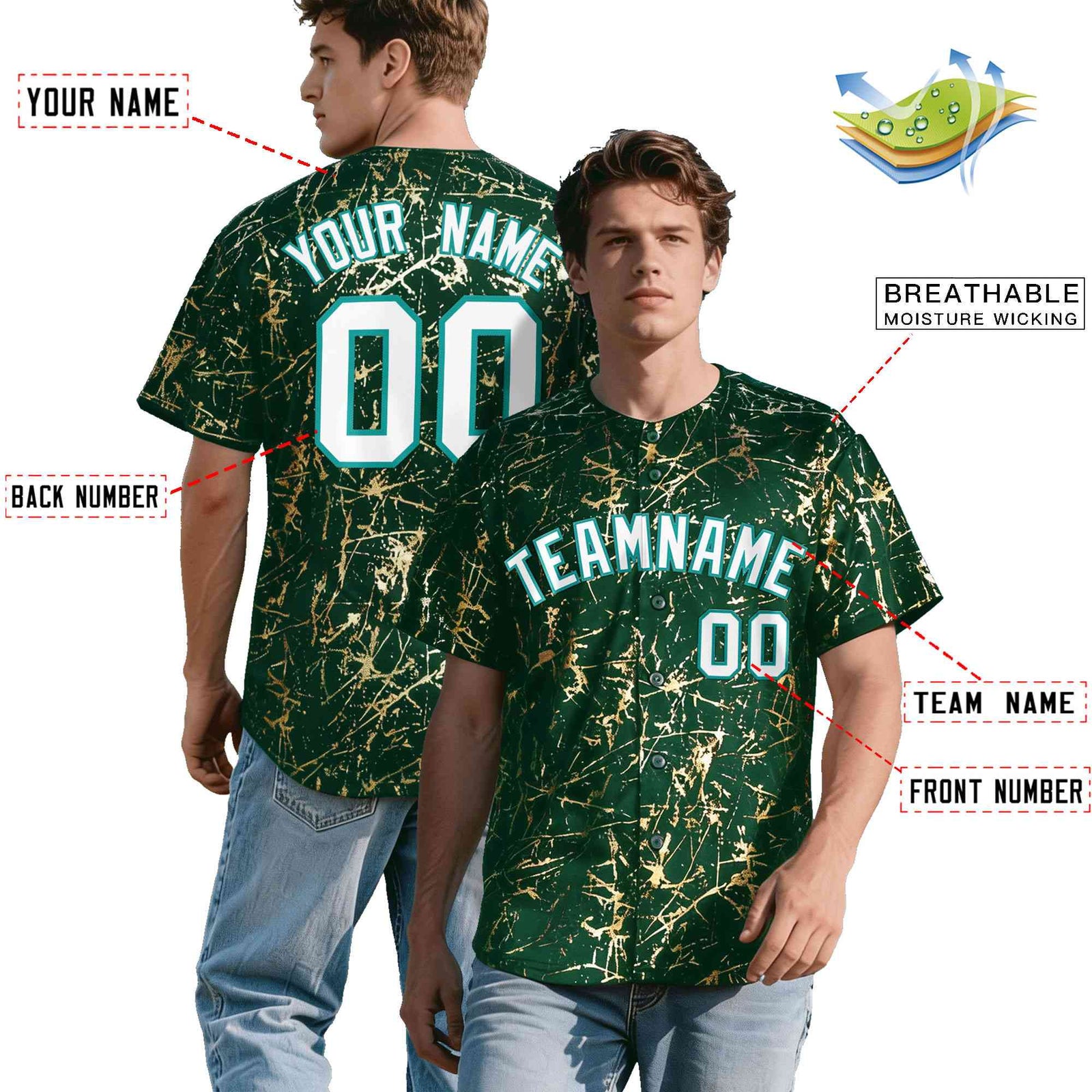Custom Green White Black&Shiny Gold Cracked Foil Breathable Mesh Streetwear Baseball Jersey