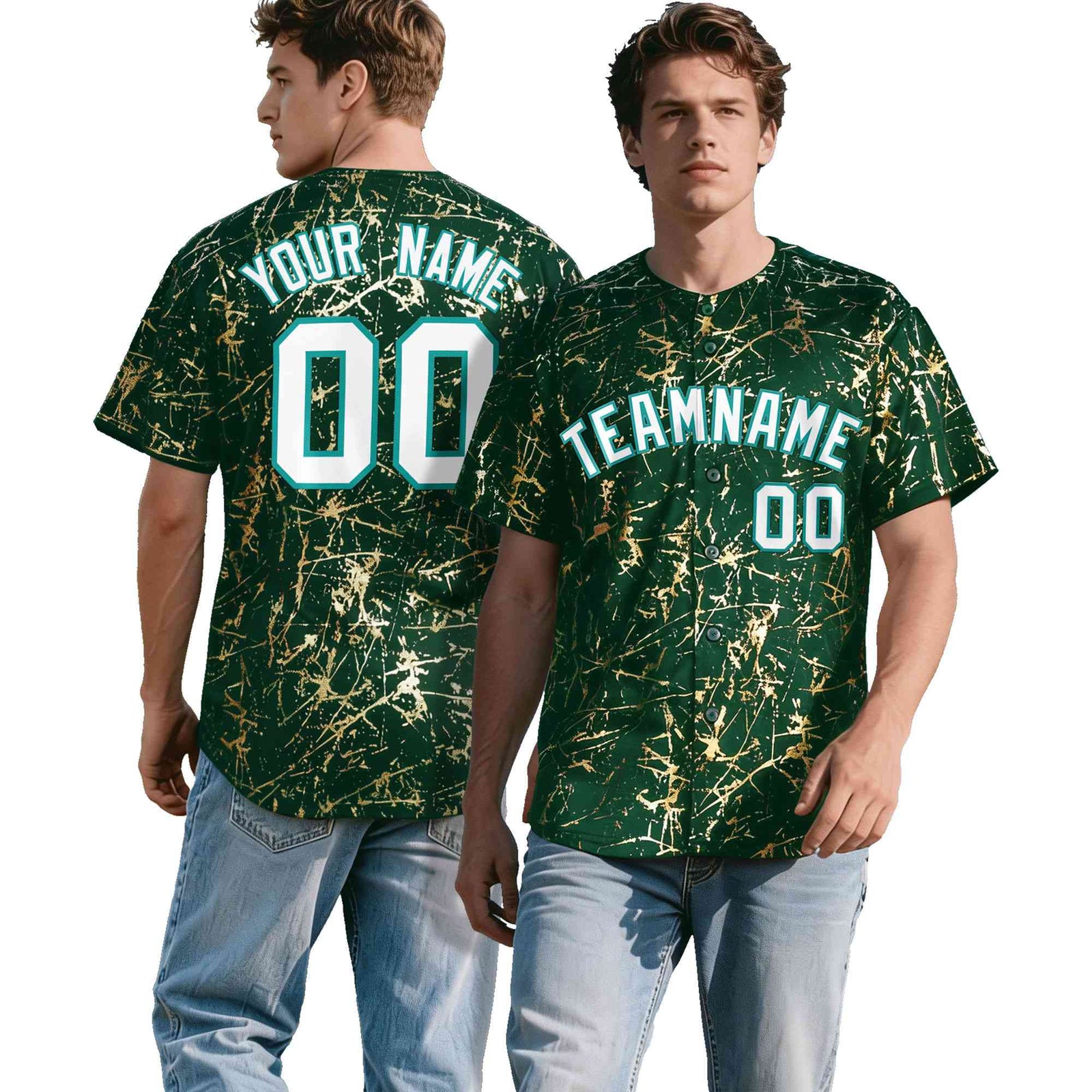 Custom Green White Black&Shiny Gold Cracked Foil Breathable Mesh Streetwear Baseball Jersey