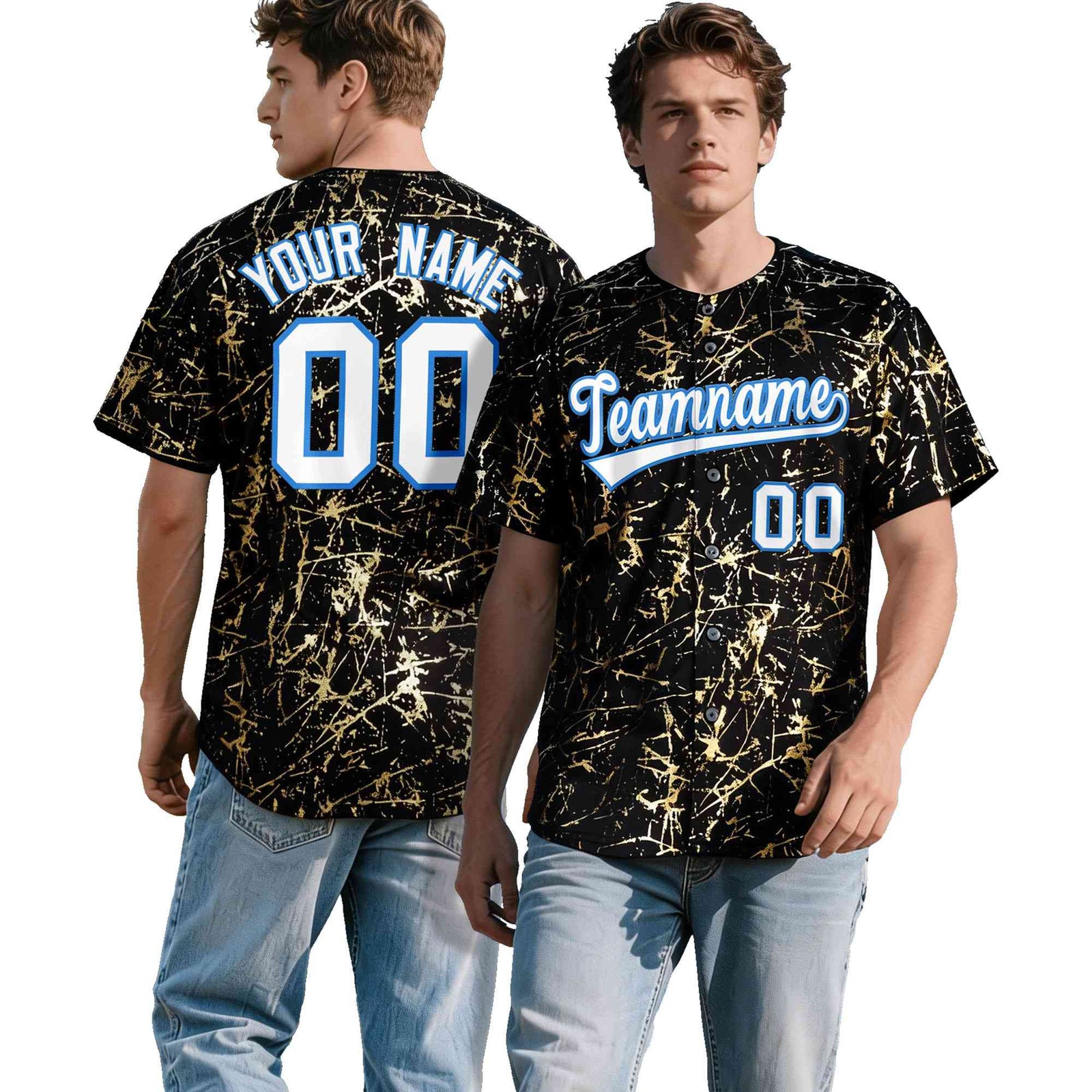 Custom Black White Black&Shiny Gold Cracked Foil Hip Hop Button Down Baseball Jersey| KXKSHOP