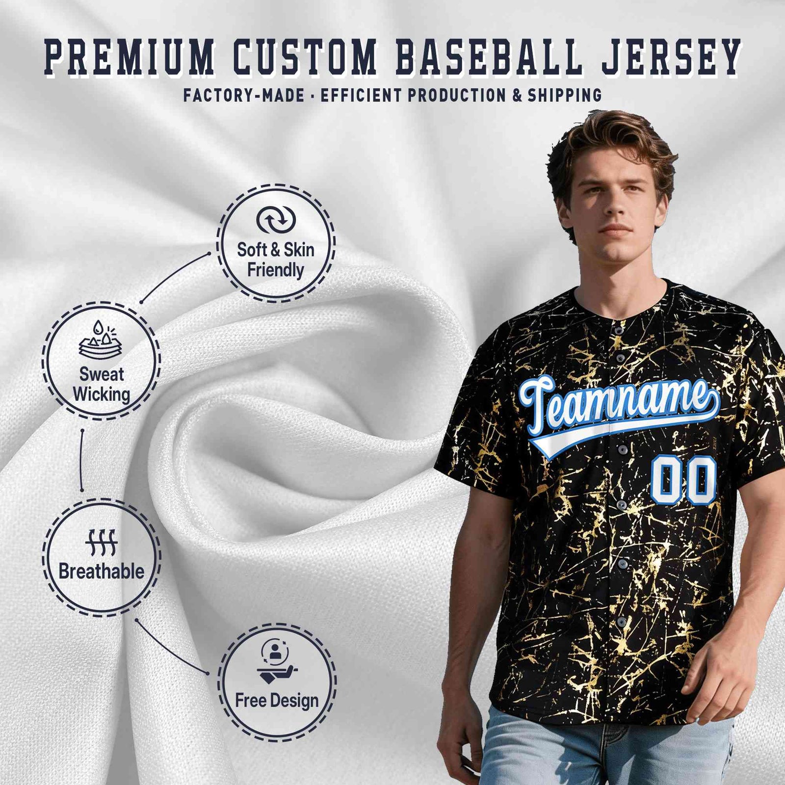 Custom Black White Black&Shiny Gold Cracked Foil Hip Hop Button Down Baseball Jersey| KXKSHOP