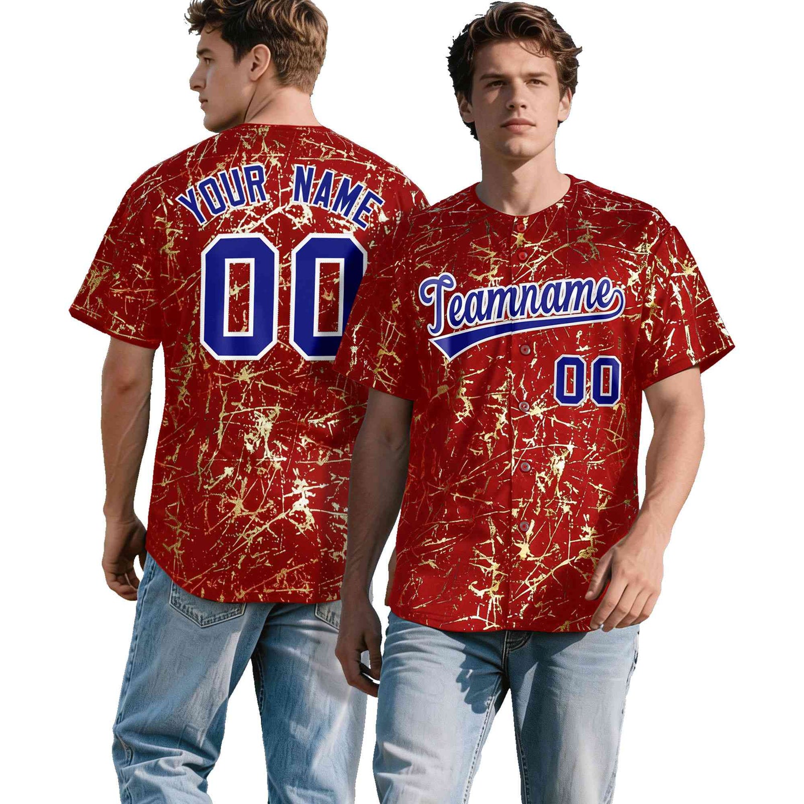 Custom Red Royal Shiny Gold Cracked Texture Baseball Jersey| KXKSHOP
