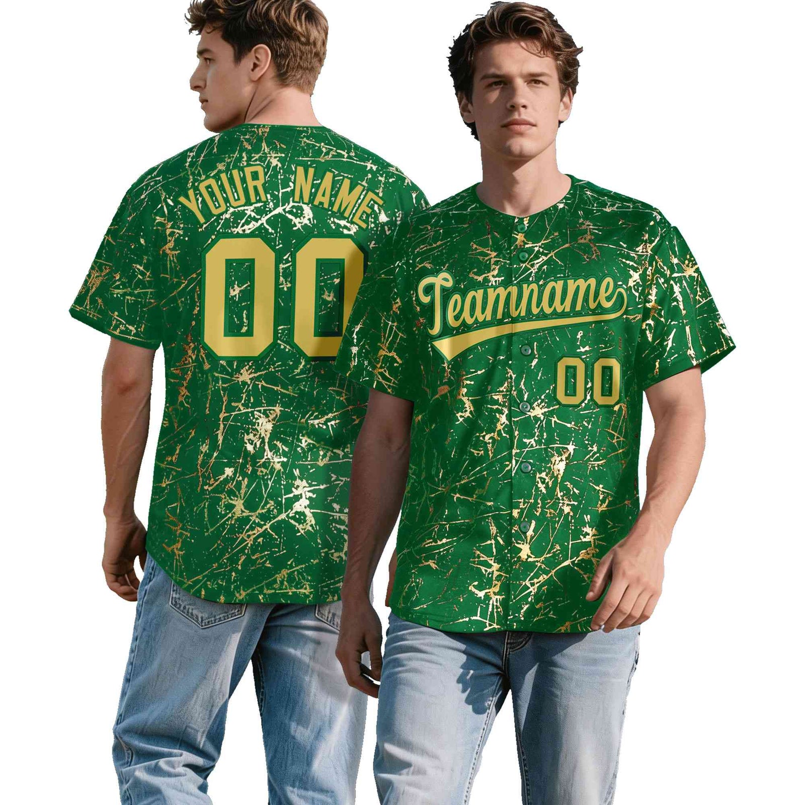 Custom Kelly Green Old Gold Black&Shiny Gold Cracked Foil Hip Hop Button Down Baseball Jersey| KXKSHOP