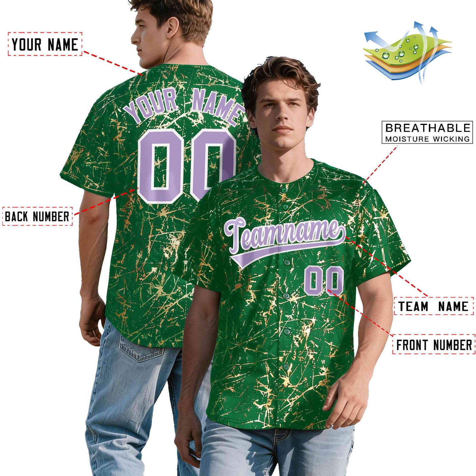 Custom Kelly Green Light Purple Metallic Gold Splatter Urban Streetwear Baseball Jersey| KXKSHOP