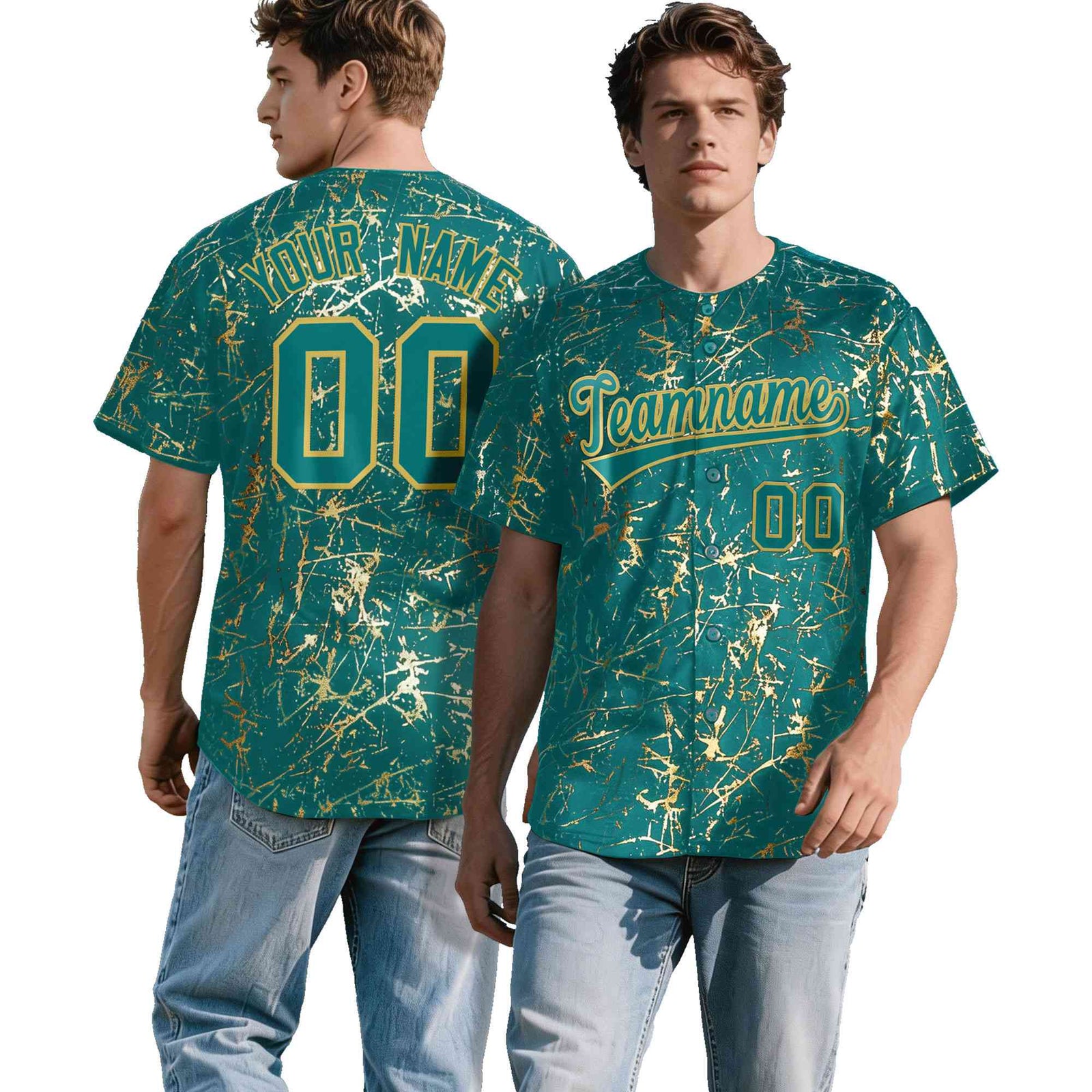 Custom Teal Old Gold Shiny Gold Cracked Texture Baseball Jersey| KXKSHOP