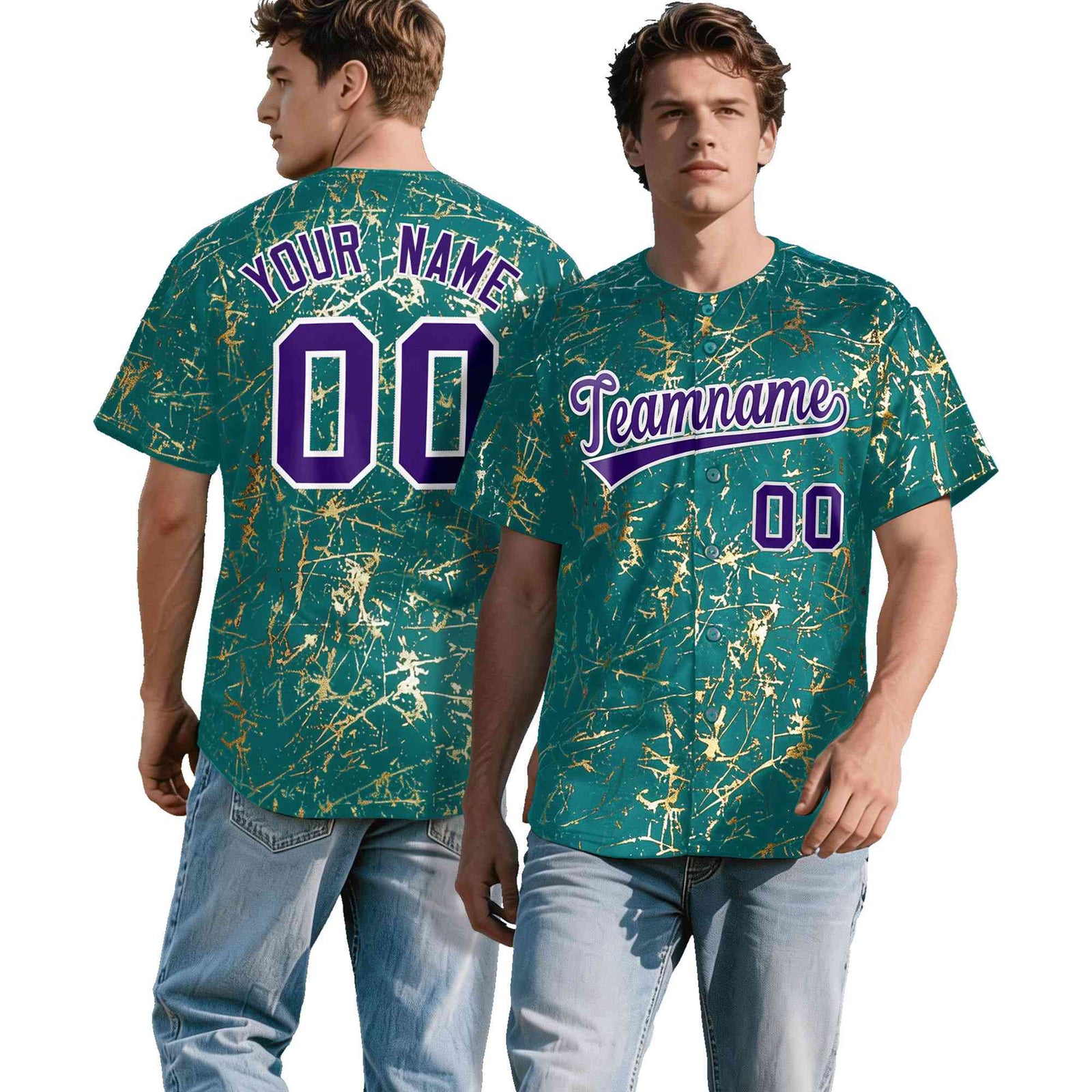 Custom Teal Purple Metallic Gold Splatter Urban Streetwear Baseball Jersey| KXKSHOP