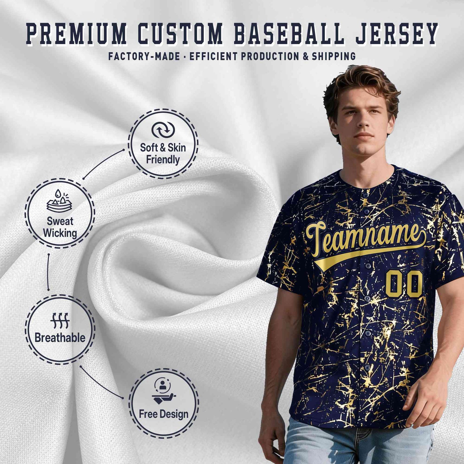 Custom Navy Old Gold Black&Shiny Gold Cracked Foil Hip Hop Button Down Baseball Jersey| KXKSHOP