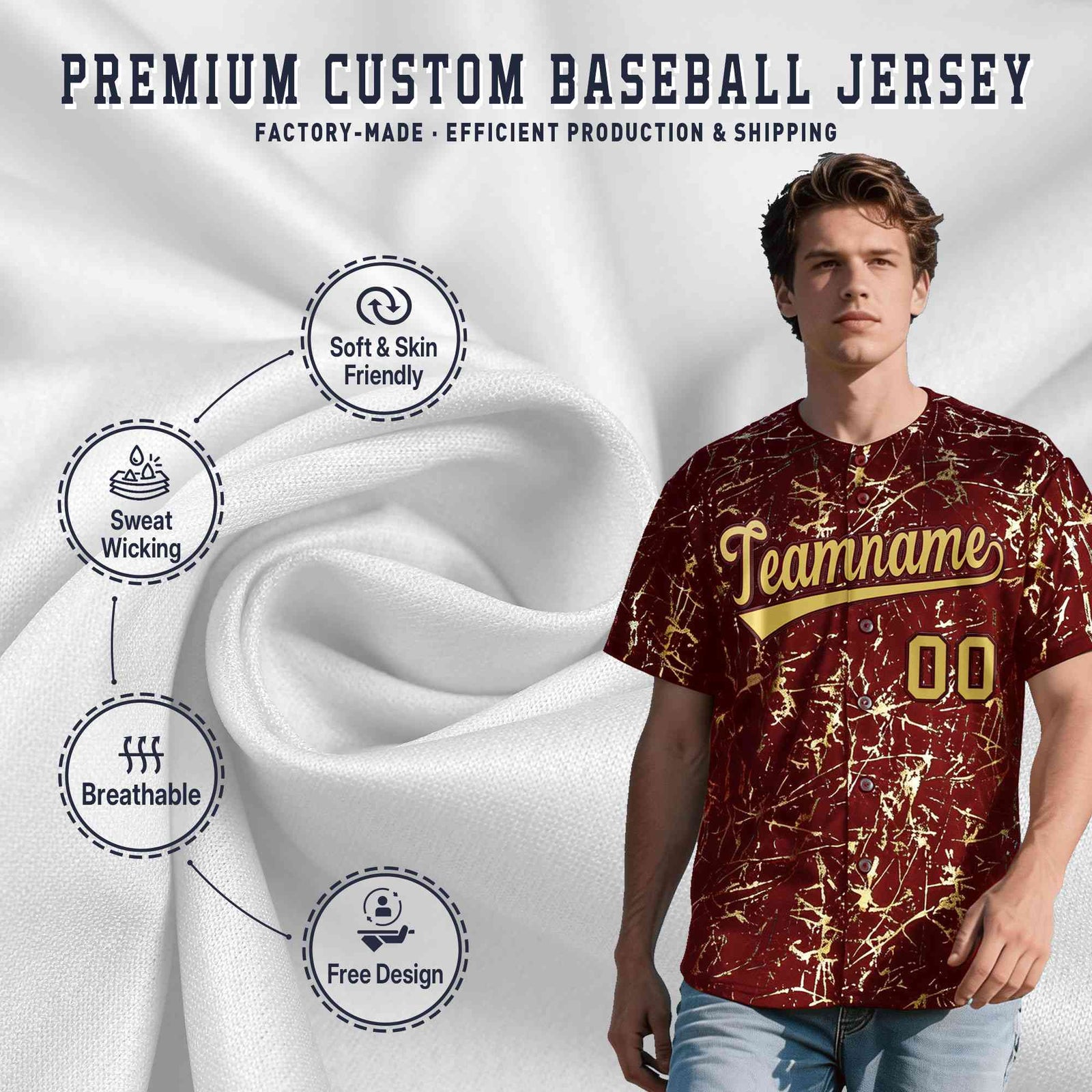 Custom Crimson Old Gold Black&Shiny Gold Cracked Foil Hip Hop Button Down Baseball Jersey| KXKSHOP
