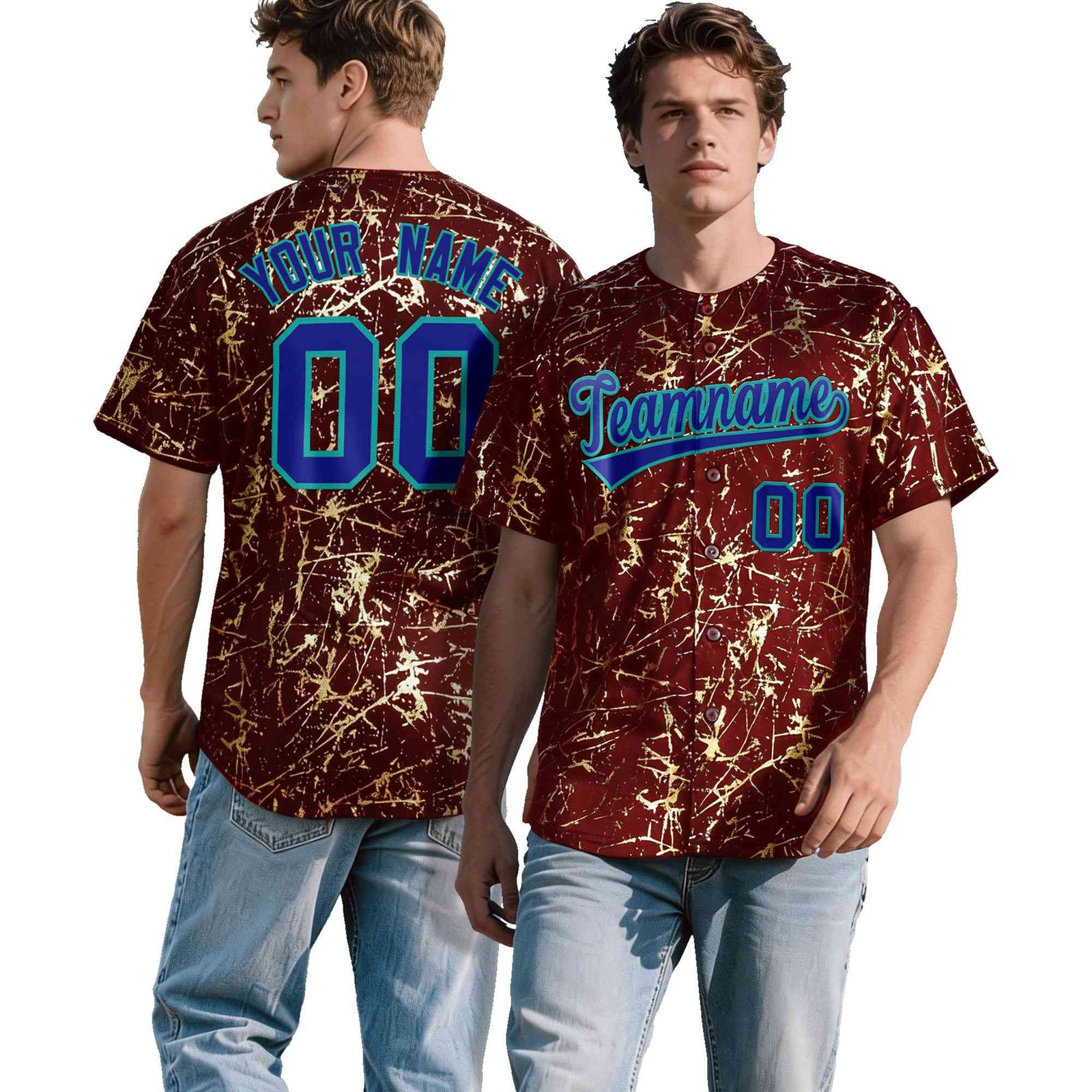 Custom Crimson Royal Metallic Gold Splatter Breathable&Wrinkle-Resistant Baseball Jersey| KXKSHOP