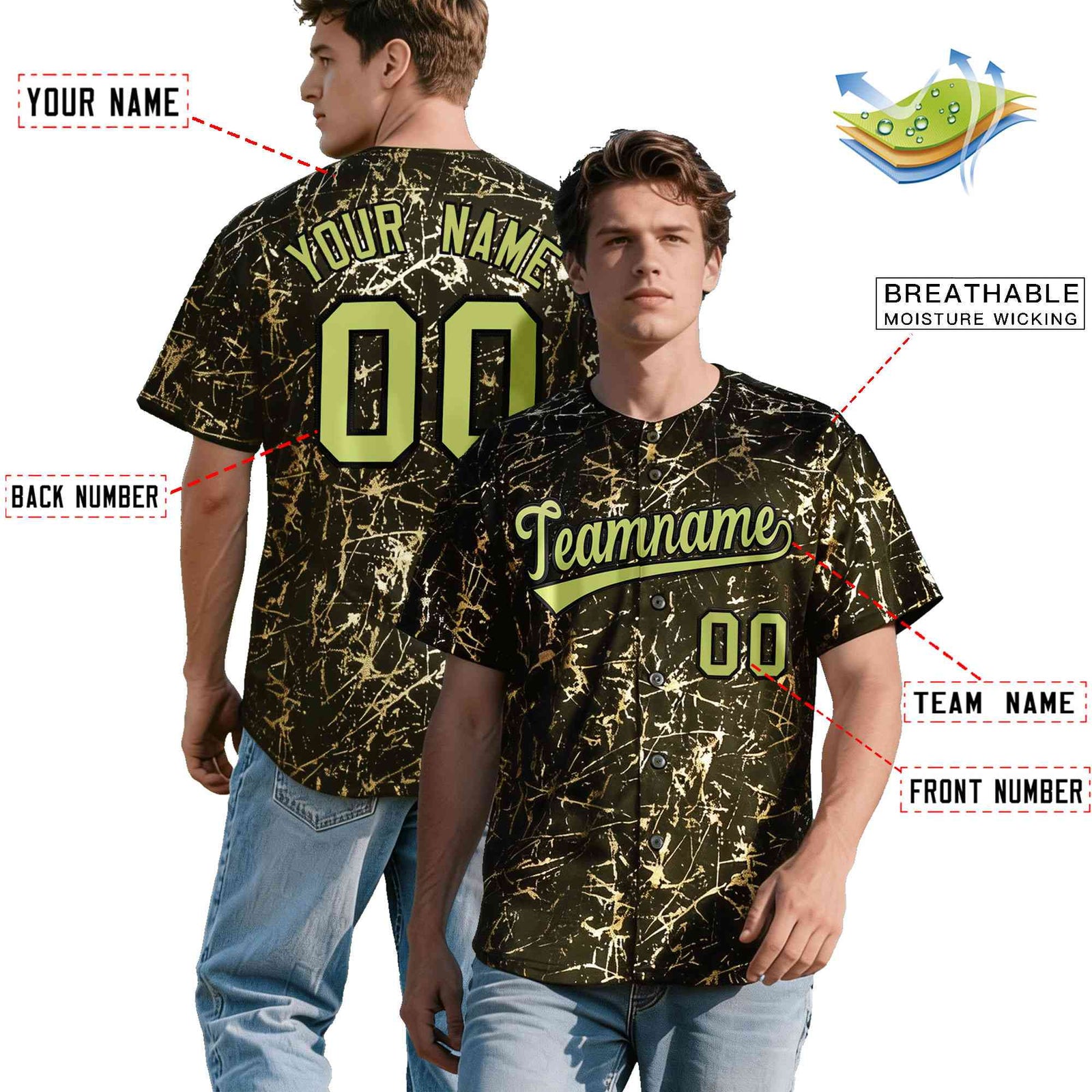 Custom Olive Champagne Black&Gold Marble Print Clubwear Party Streetwear Baseball Jersey| KXKSHOP