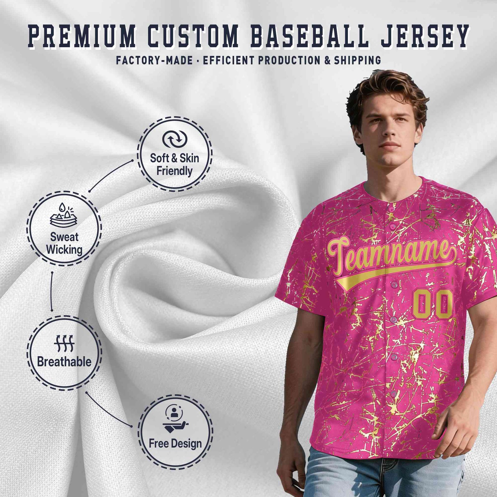 Custom Pink Old Gold Black&Shiny Gold Cracked Foil Hip Hop Button Down Baseball Jersey| KXKSHOP
