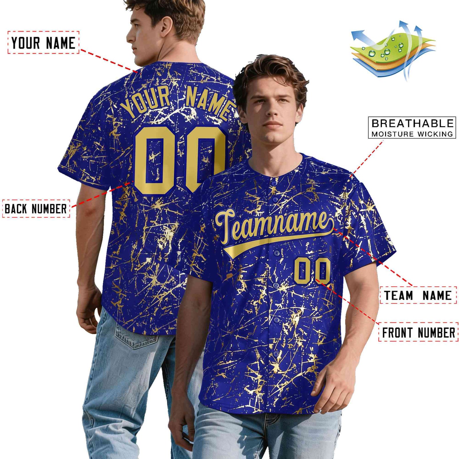 Custom Royal Old Gold Black&Shiny Gold Cracked Foil Hip Hop Button Down Baseball Jersey| KXKSHOP