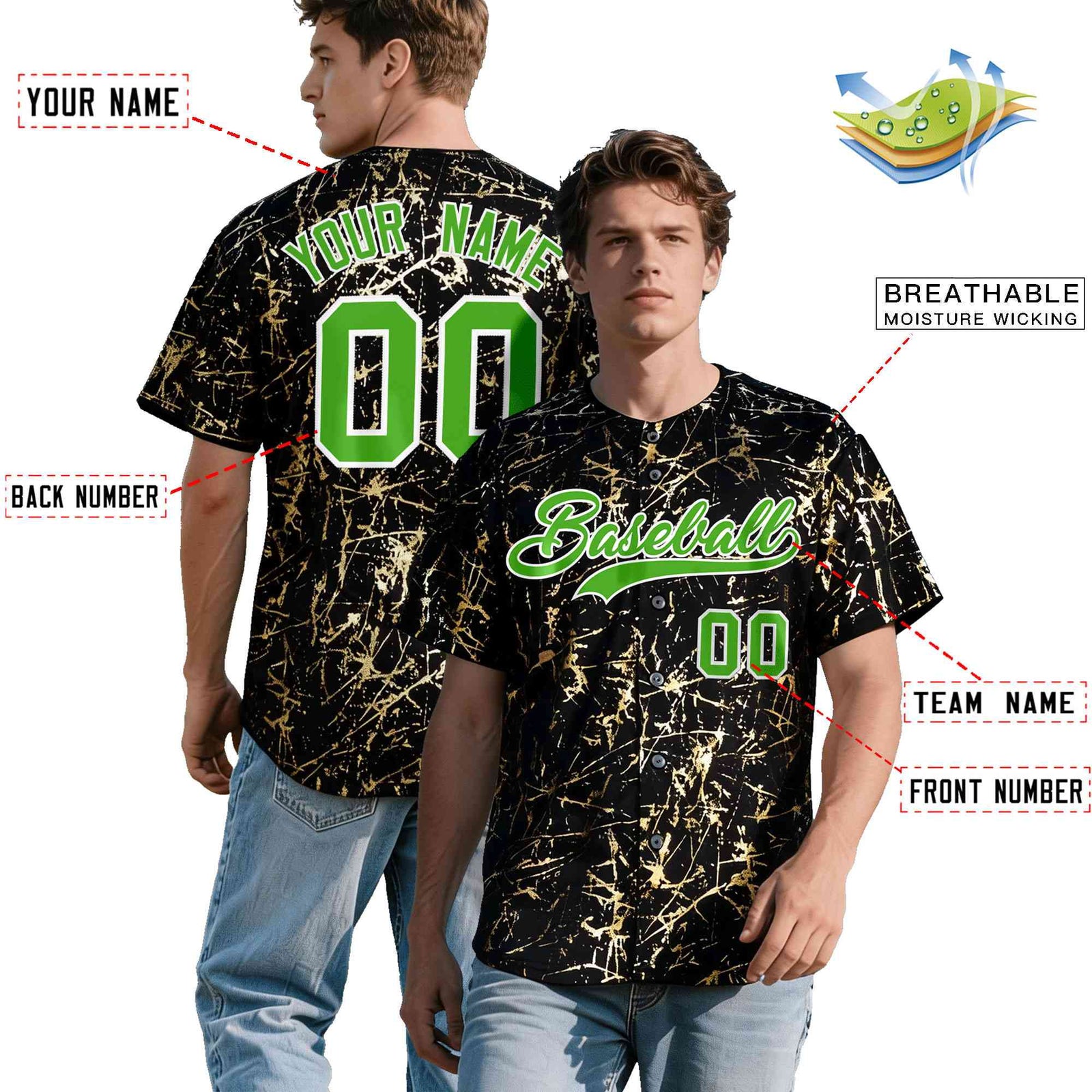 Custom Black Light Green Metallic Gold Splatter Breathable&Wrinkle-Resistant Baseball Jersey