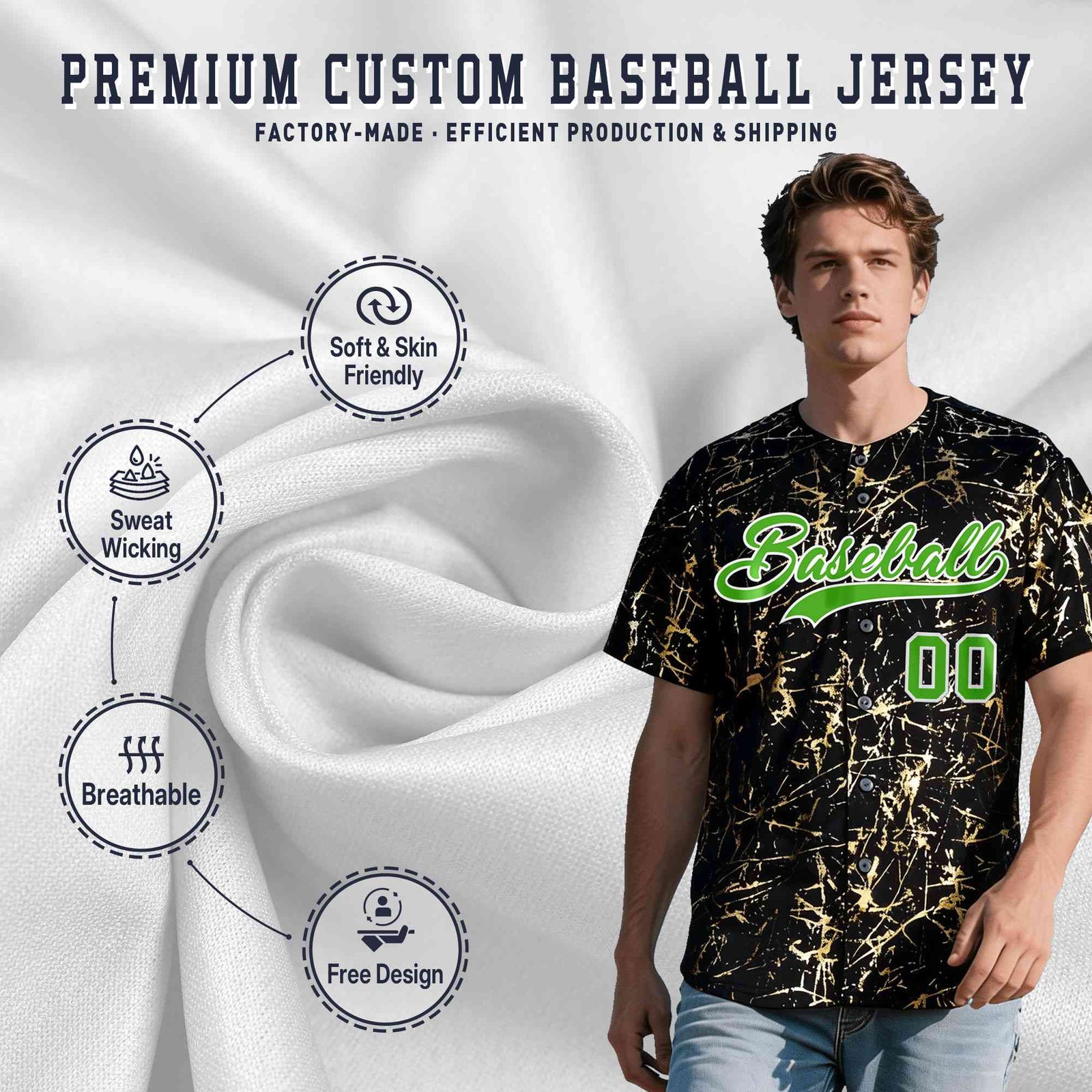 Custom Black Light Green Metallic Gold Splatter Breathable&Wrinkle-Resistant Baseball Jersey