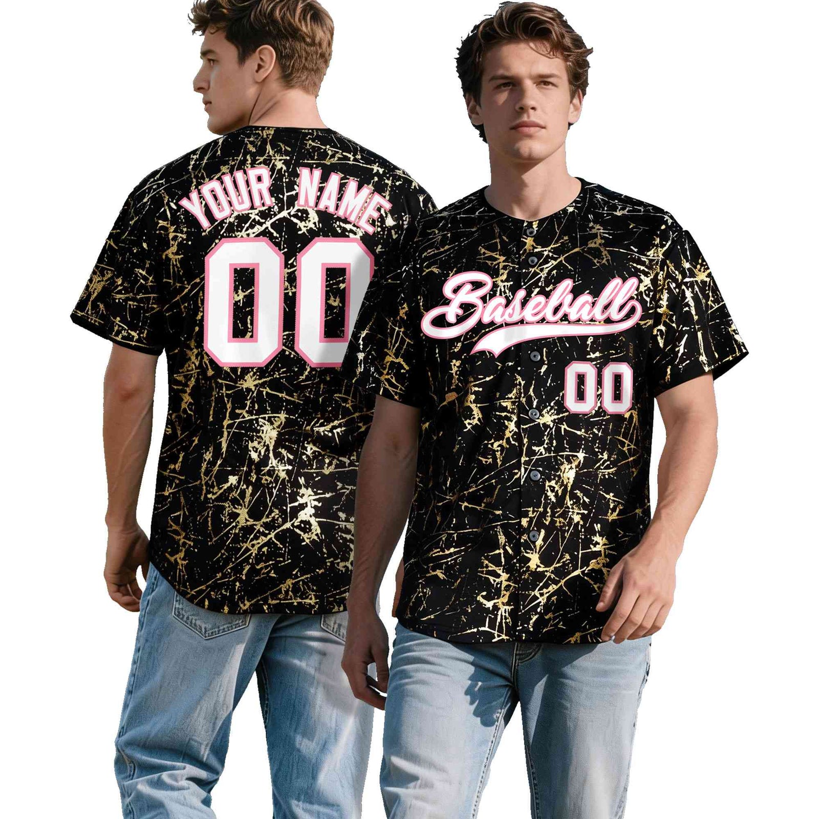Custom Black White Black&Shiny Gold Cracked Foil Breathable Mesh Streetwear Baseball Jersey